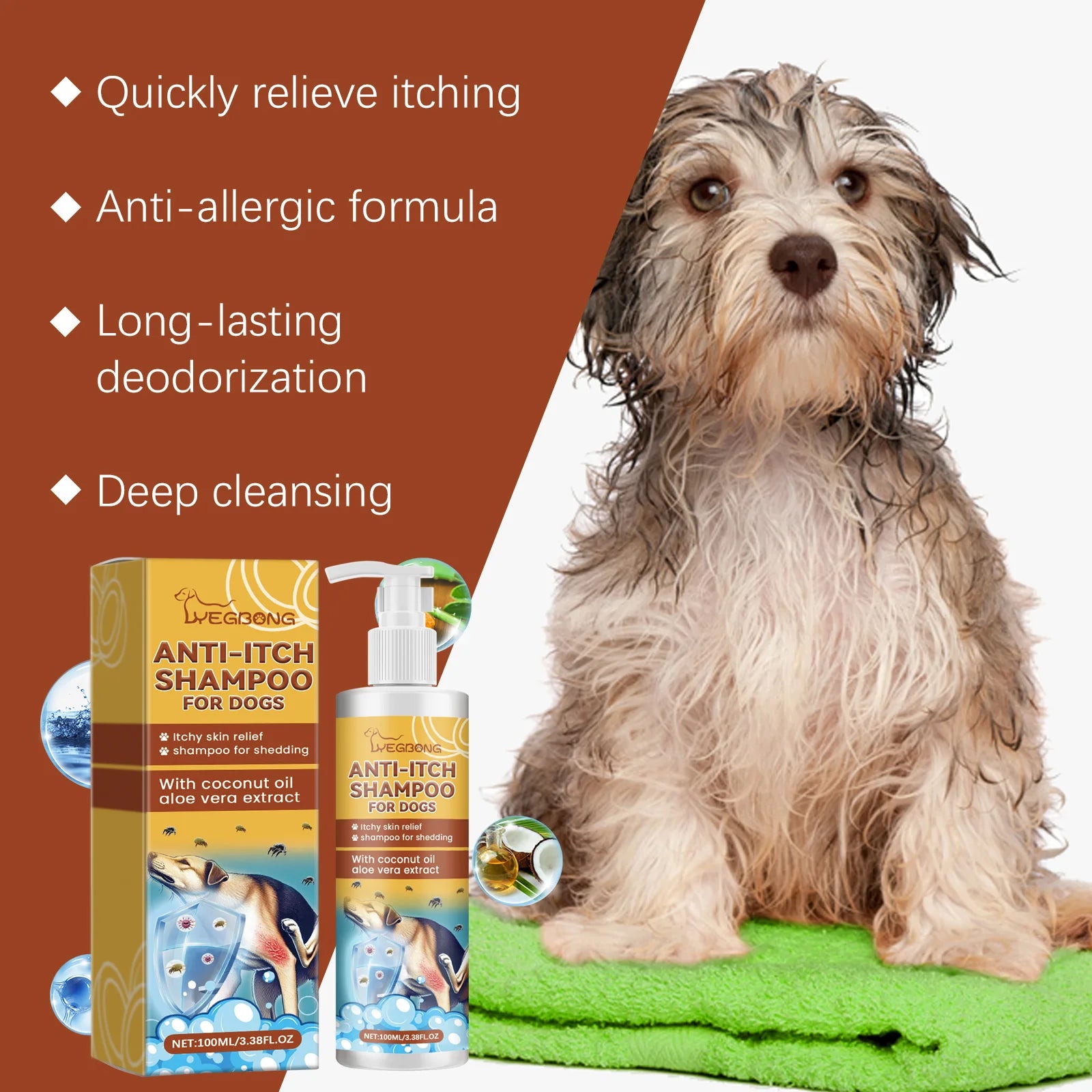 100ml Dog Shampoo for Itchy Skin - Fast Relief, Nourishing & Hydrating, Deodorizing Pet Wash to Smooth Fur & Soothe Sensitive