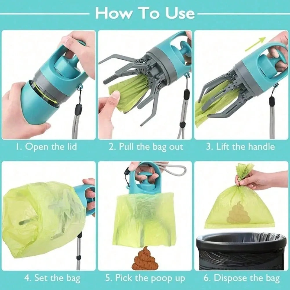 Portable Dog Pooper Scooper , No Touch Claw Pickup Tool with Waste Bag Holder
