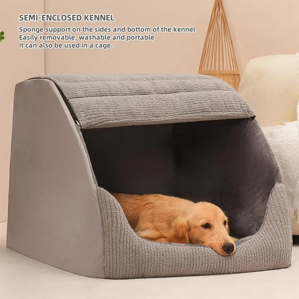 Extra Large Dog Bed House with 30D Memory Sponge, Cozy Indoor Plush Cave for All Dogs, Non-Slip Bottom (Grey, M)
