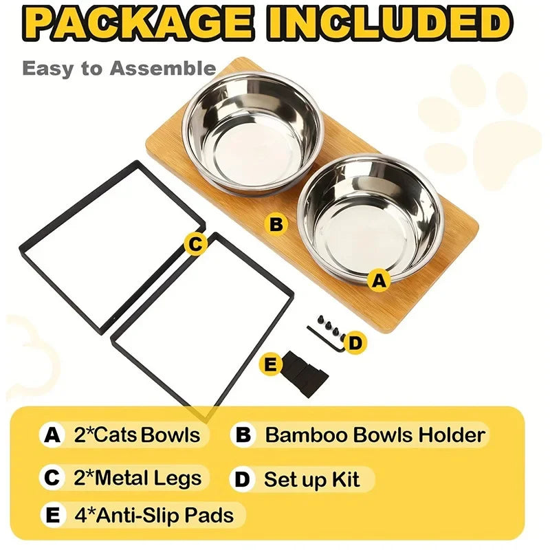 Elevated Food Bowl , Wooden 15° Tilted , Raised Stand with 2/3 Stainless Steel Bowls,  Neck Protection Dog Feeder