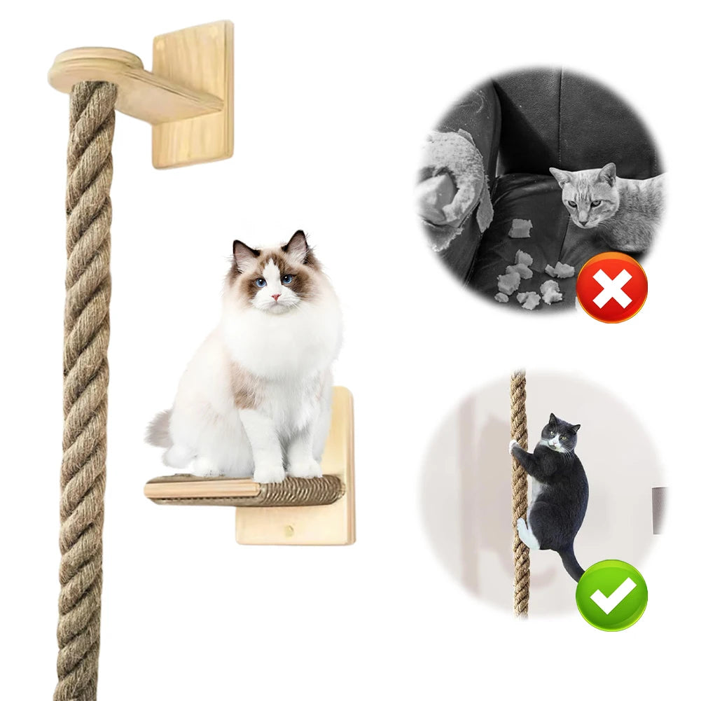 Cat Climbing Rope with Wood Platform, Thickened Sisal Rope, Reusable Wall Mounted Rope for Cat Play Equipment