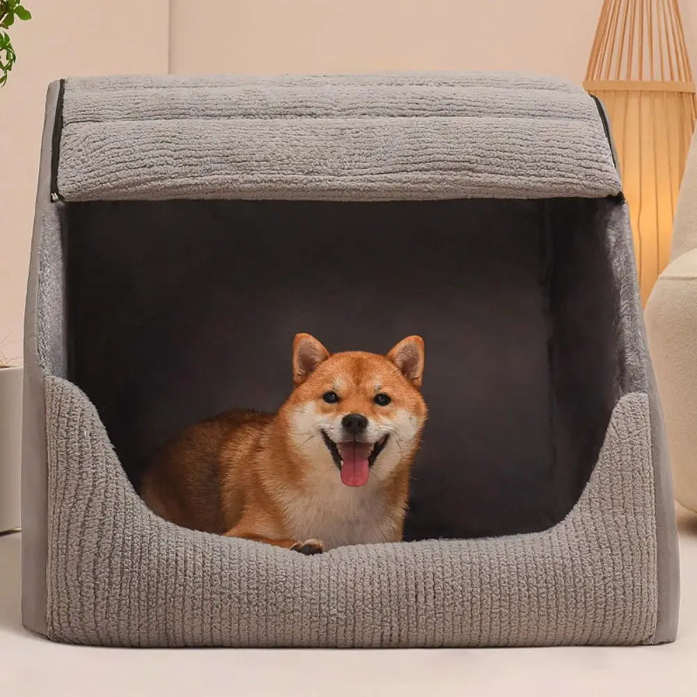 Extra Large Dog Bed House with 30D Memory Sponge, Cozy Indoor Plush Cave for All Dogs, Non-Slip Bottom (Grey, M)