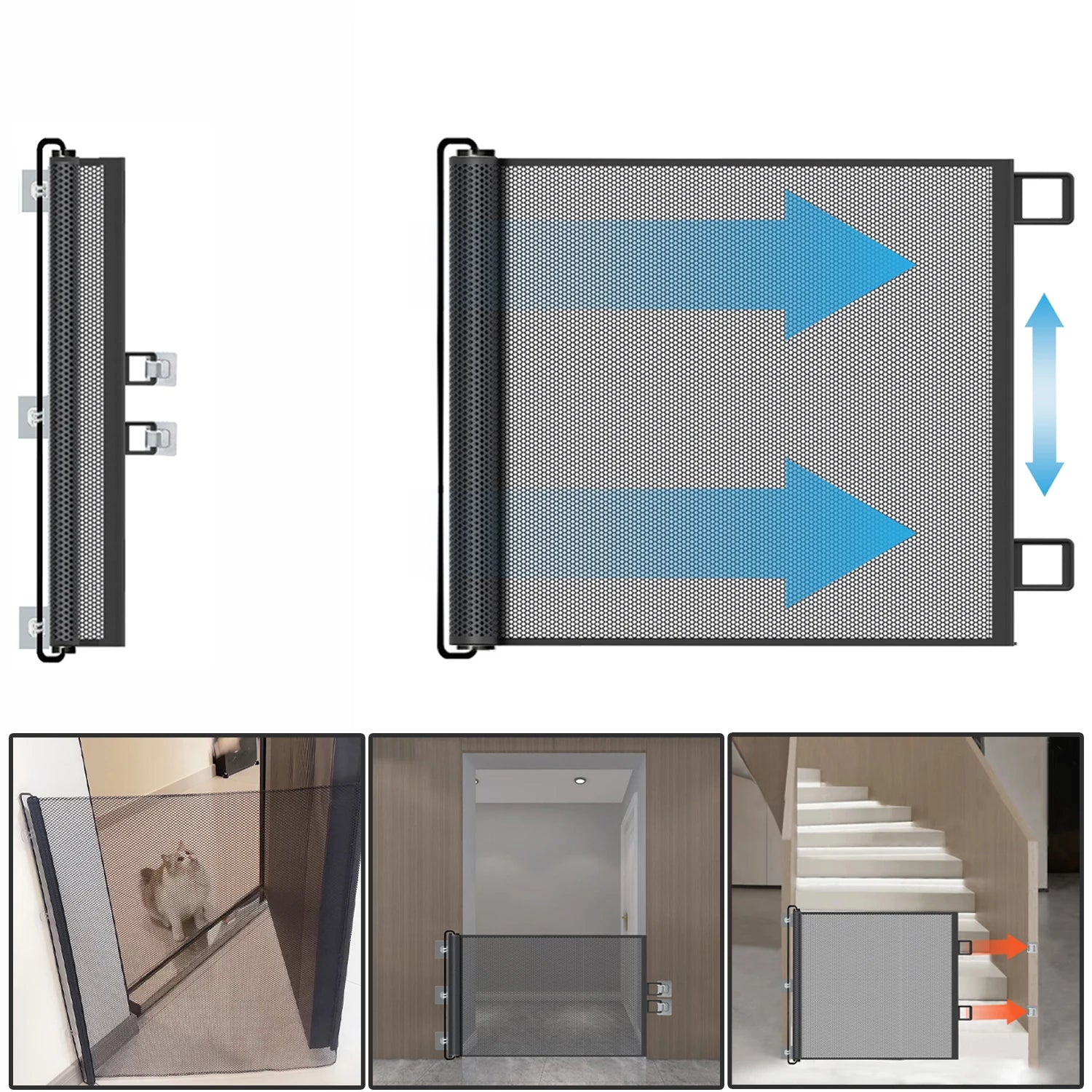 Retractable pet gate, mesh dog gate, cat enclosure for doorways, stairs, hallways, indoor/outdoor pet door stalls
