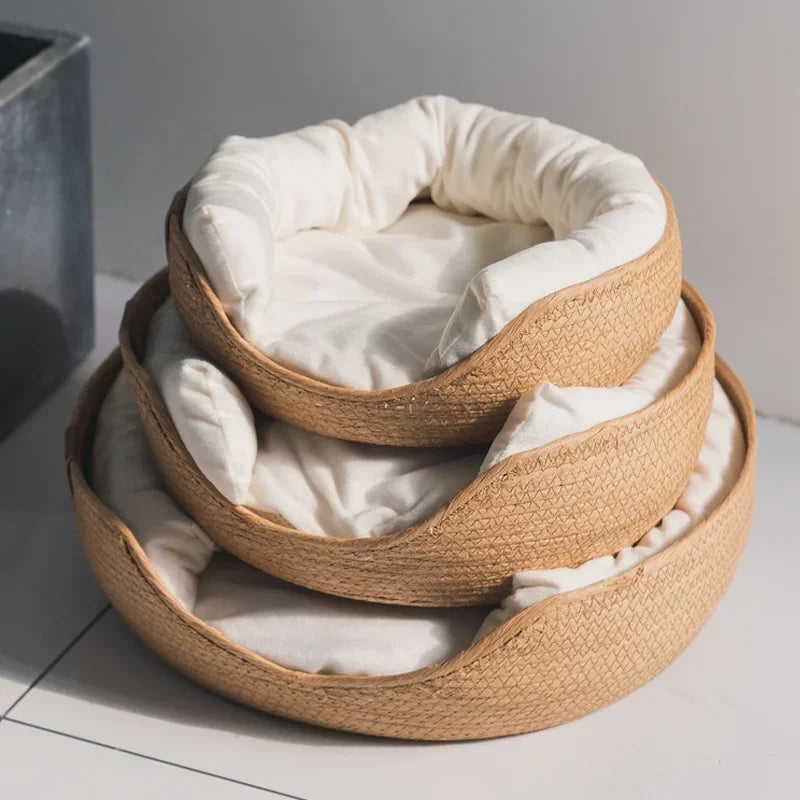 Four Season Cozy Nest Basket, Bamboo Weaving,  Waterproof , Removable Cushion Pet Bed