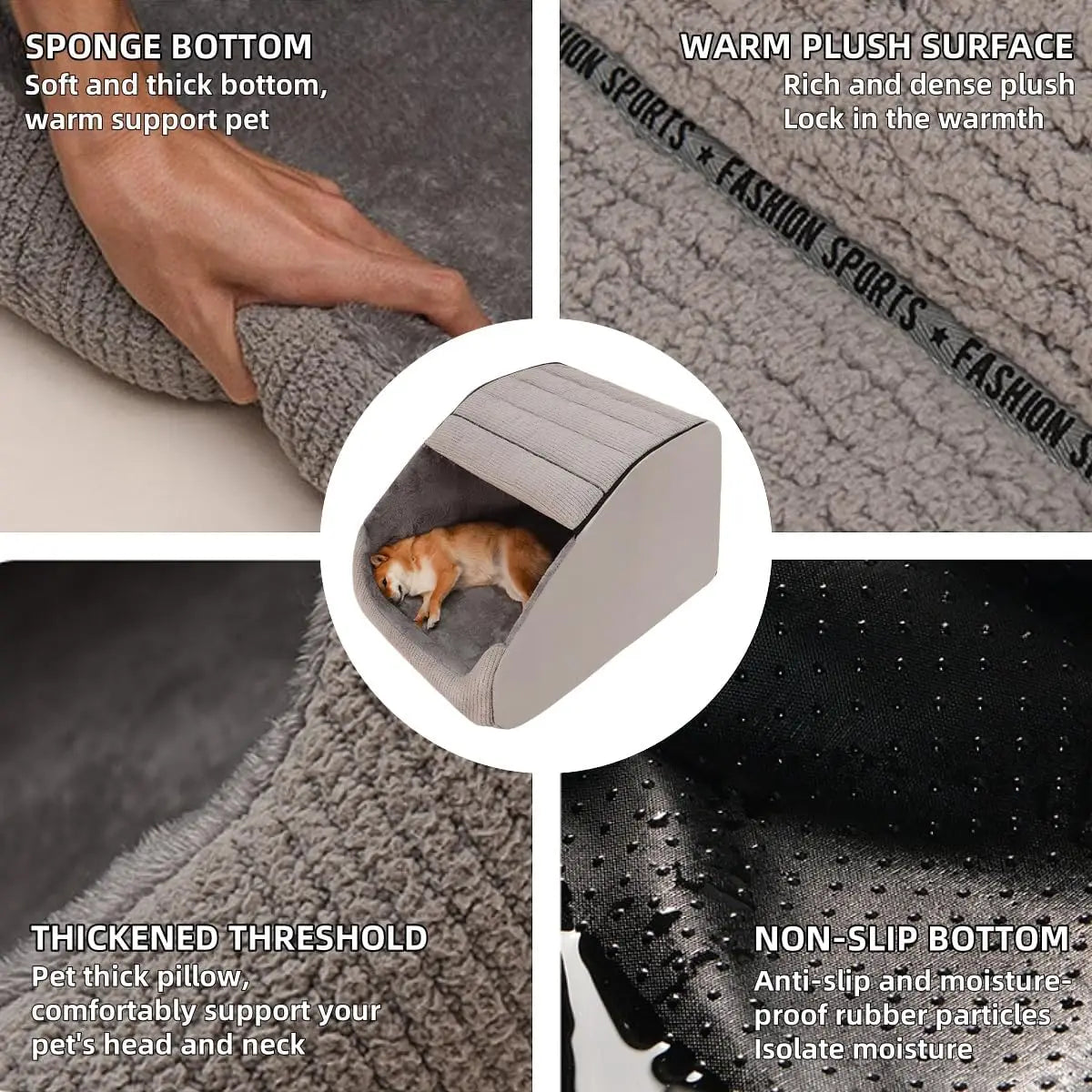 Extra Large Dog Bed House with 30D Memory Sponge, Cozy Indoor Plush Cave for All Dogs, Non-Slip Bottom (Grey, M)