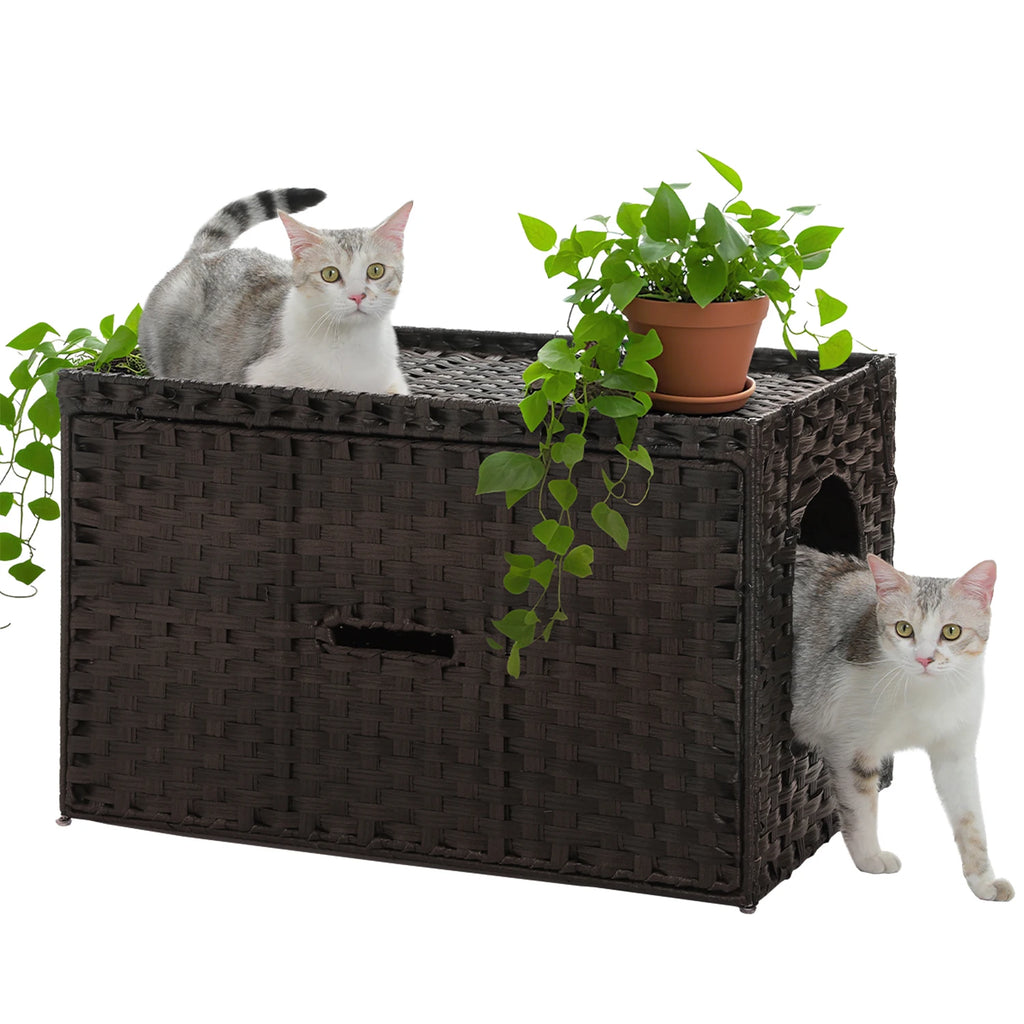 Rattan Cat Litter Box Enclosure Furniture with Door, Handwoven Rattan Hidden Litter Box ,Odor Control, Cat House Bed