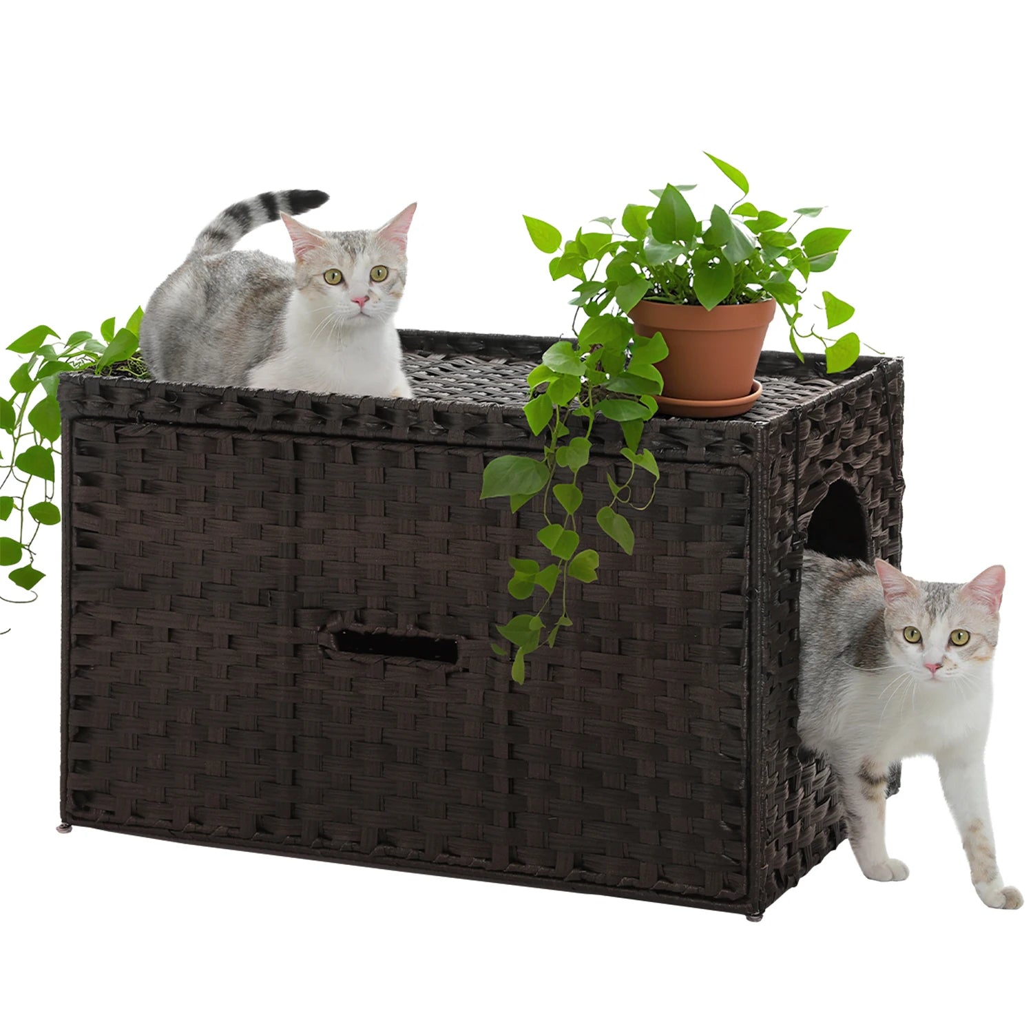 Rattan Cat Litter Box Enclosure Furniture with Door, Handwoven Rattan Hidden Litter Box ,Odor Control, Cat House Bed