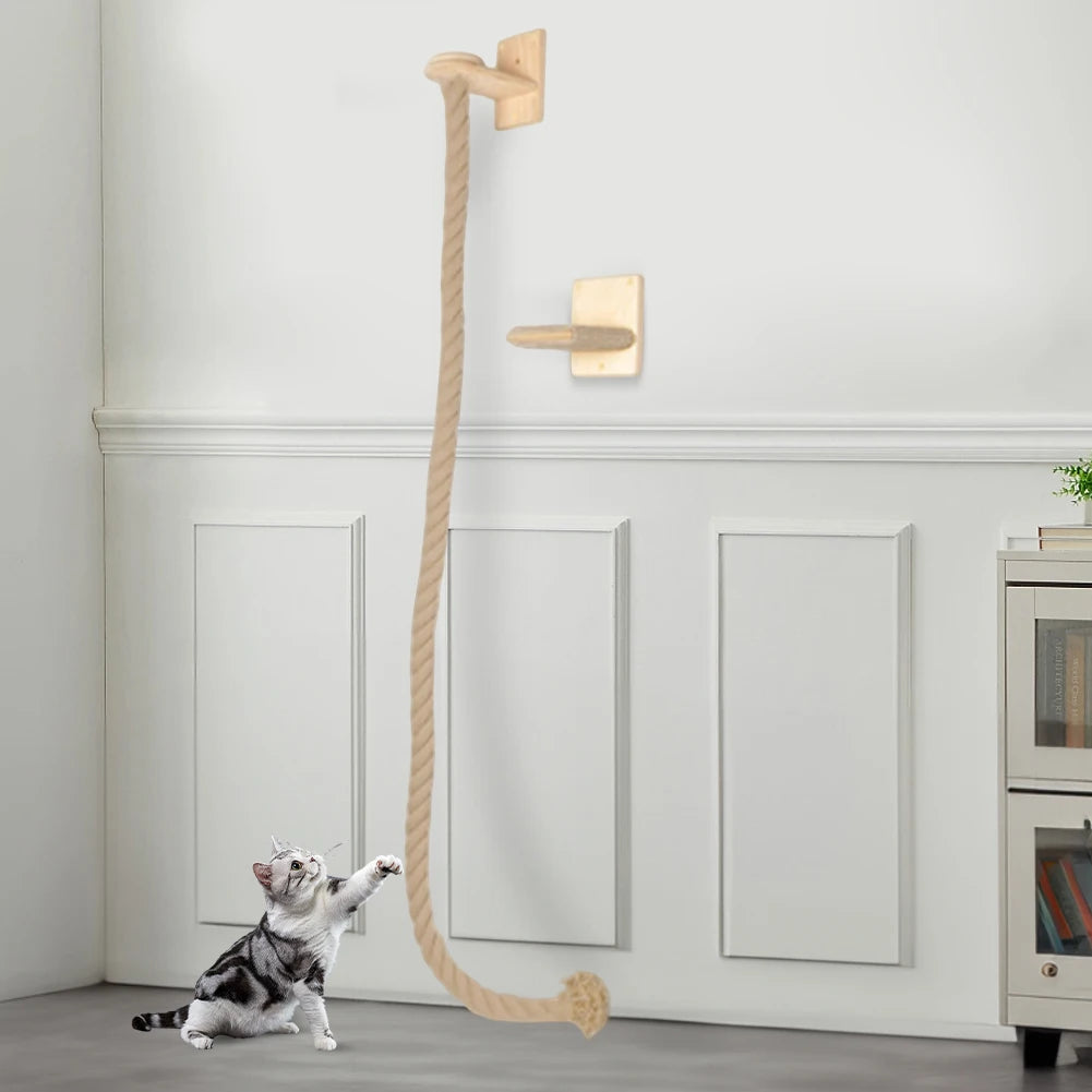Cat Climbing Rope with Wood Platform, Thickened Sisal Rope, Reusable Wall Mounted Rope for Cat Play Equipment