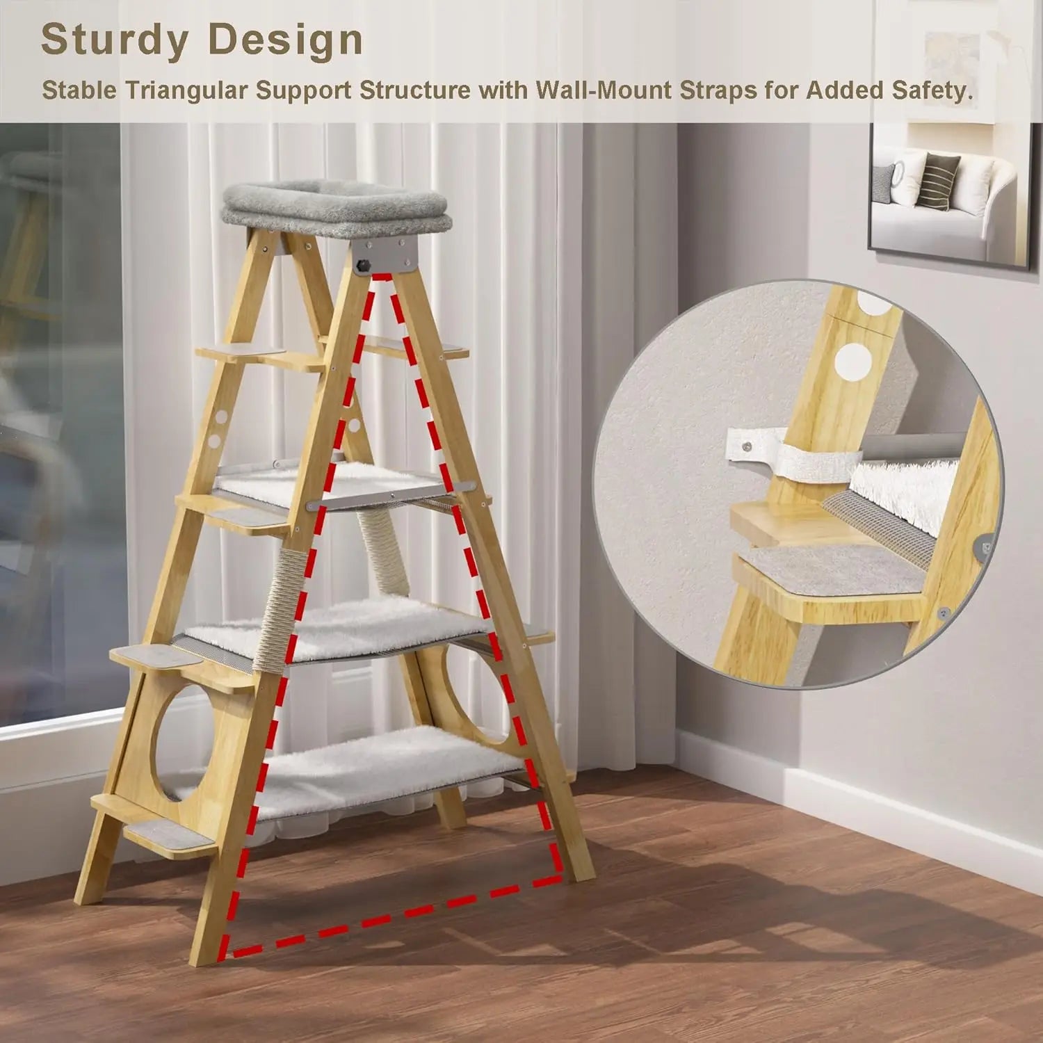 Modern Wood Cat Tree ,Foldable Ladder Design with Hammock & Sisal Scratch Post, Solid Wood Tall Tower for Cat