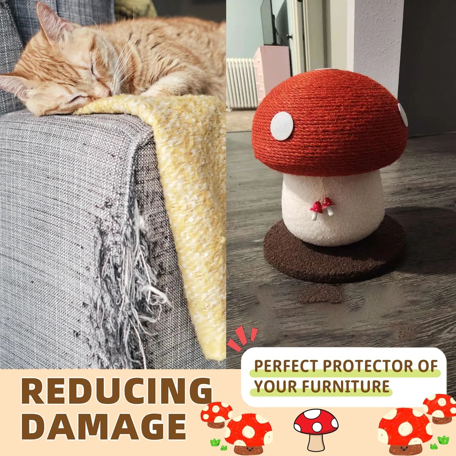 Red Mushroom-Shaped Sisal Cat Scratching Post , Durable and Non-Falling ,  Great for Paw Care and Furniture Protection |   Easy to Assemble |   Great for Cats!