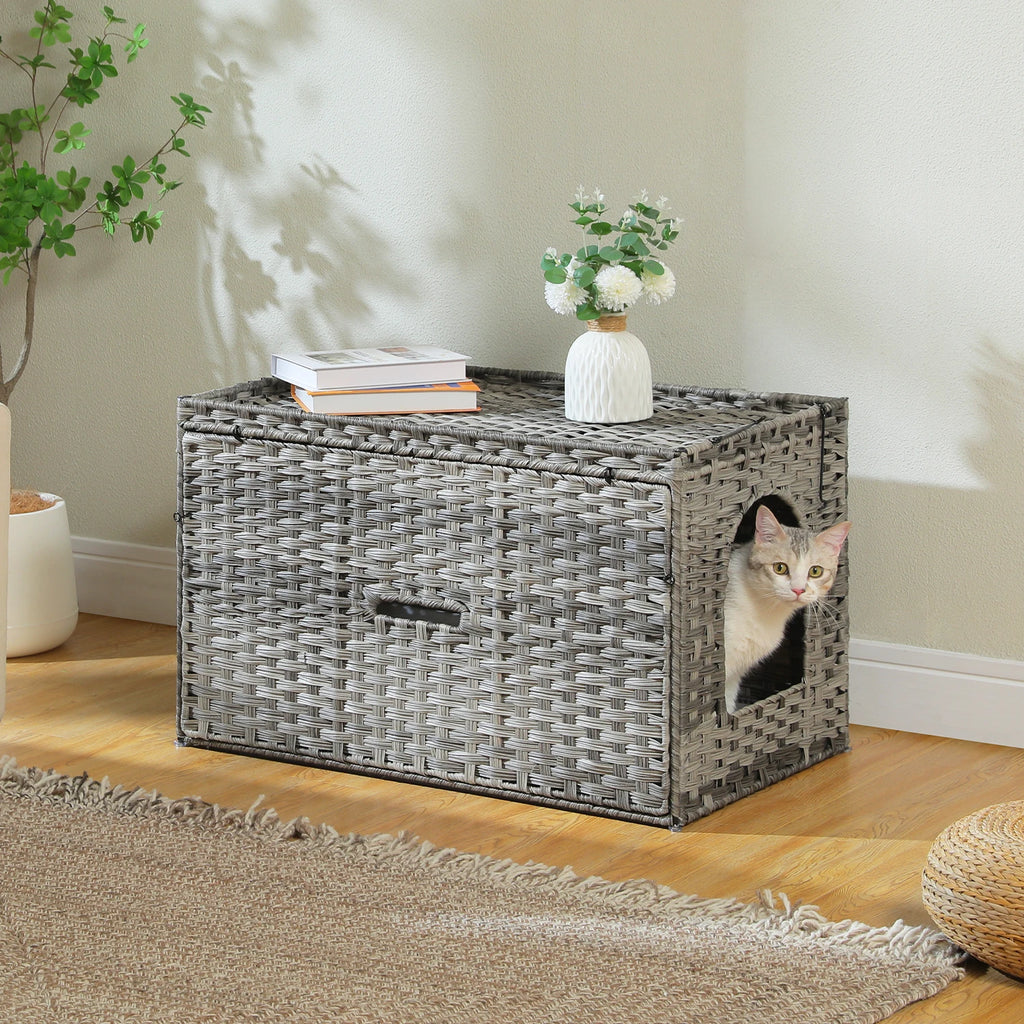 Rattan Cat Litter Box Enclosure Furniture with Door, Handwoven Rattan Hidden Litter Box ,Odor Control, Cat House Bed