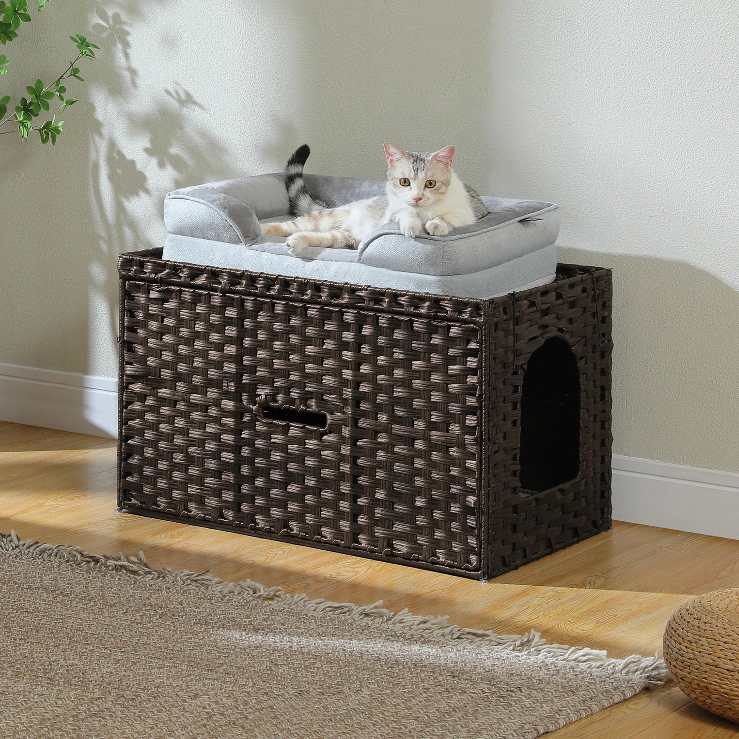 Rattan Cat Litter Box Enclosure Furniture with Door, Handwoven Rattan Hidden Litter Box ,Odor Control, Cat House Bed