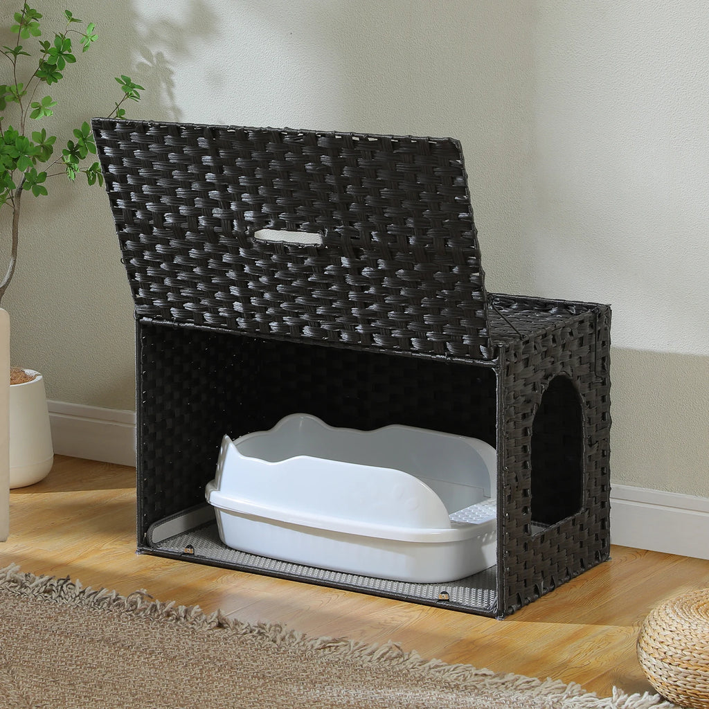 Rattan Cat Litter Box Enclosure Furniture with Door, Handwoven Rattan Hidden Litter Box ,Odor Control, Cat House Bed