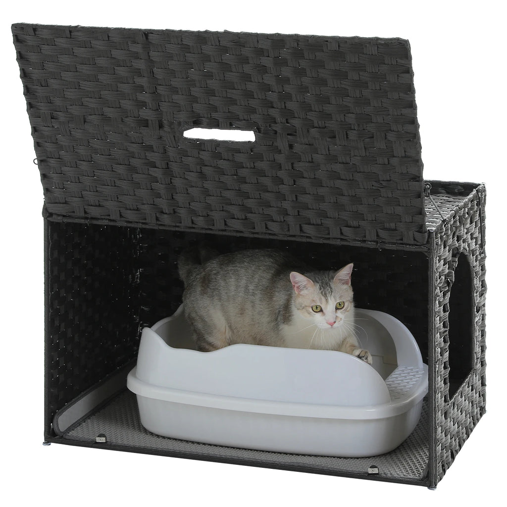 Rattan Cat Litter Box Enclosure Furniture with Door, Handwoven Rattan Hidden Litter Box ,Odor Control, Cat House Bed