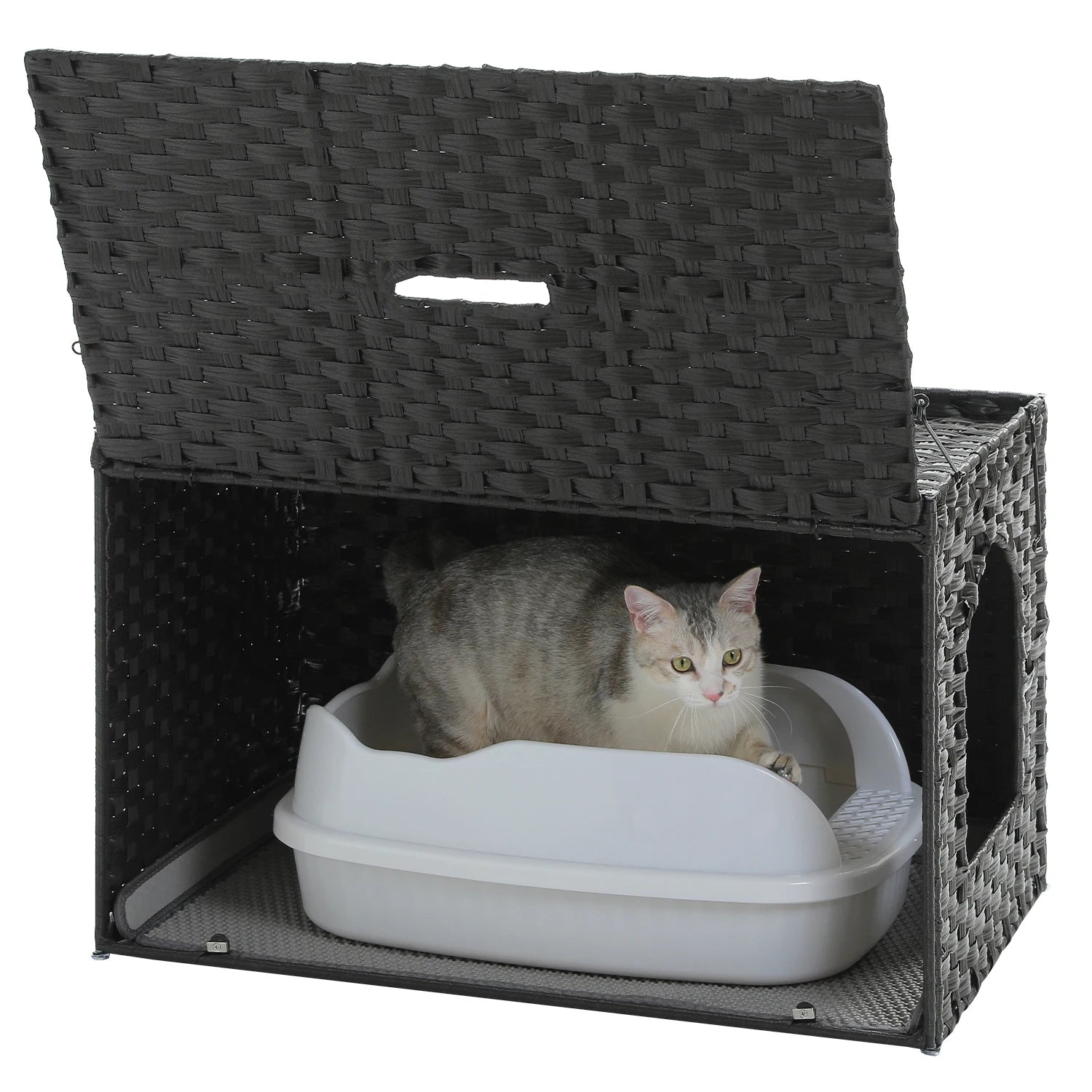 Rattan Cat Litter Box Enclosure Furniture with Door, Handwoven Rattan Hidden Litter Box ,Odor Control, Cat House Bed