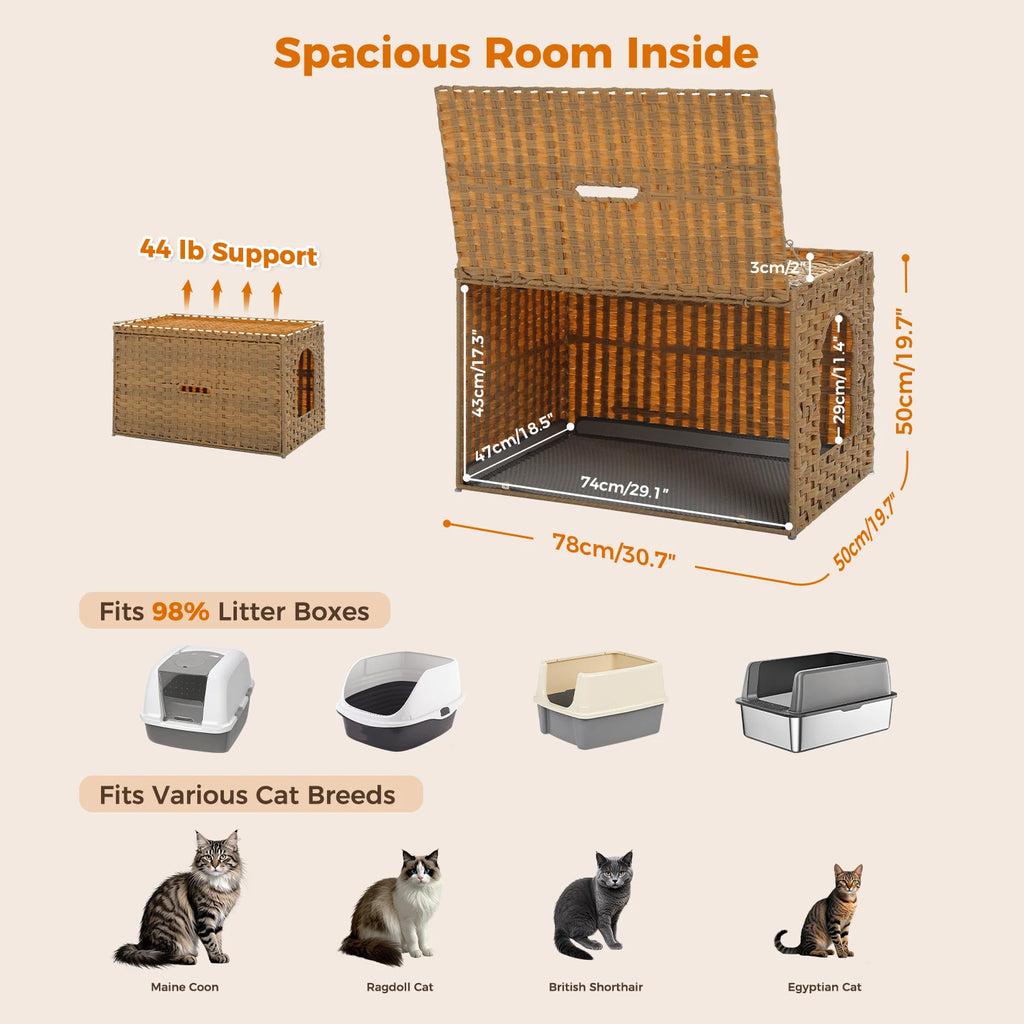 Rattan Cat Litter Box Enclosure Furniture with Door, Handwoven Rattan Hidden Litter Box ,Odor Control, Cat House Bed