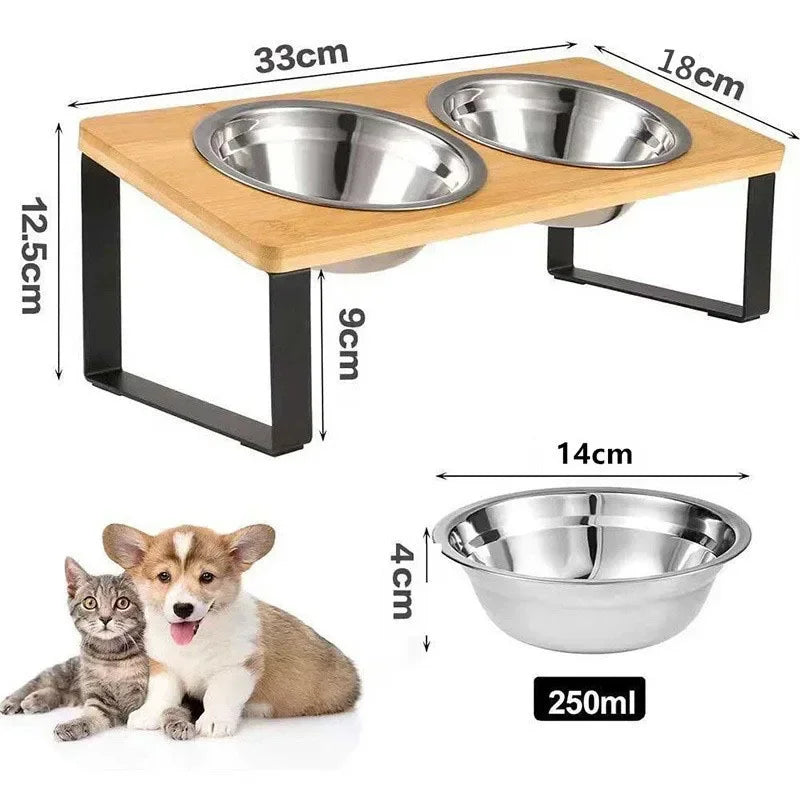 Elevated Food Bowl , Wooden 15° Tilted , Raised Stand with 2/3 Stainless Steel Bowls,  Neck Protection Dog Feeder