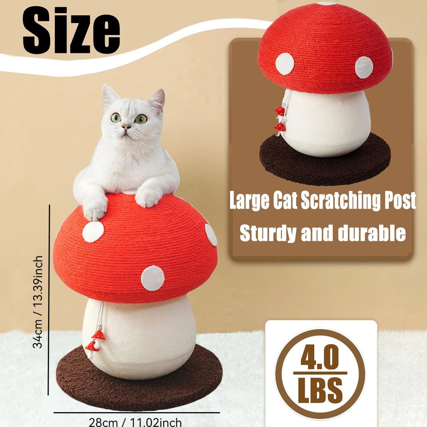 Red Mushroom-Shaped Sisal Cat Scratching Post , Durable and Non-Falling ,  Great for Paw Care and Furniture Protection |   Easy to Assemble |   Great for Cats!