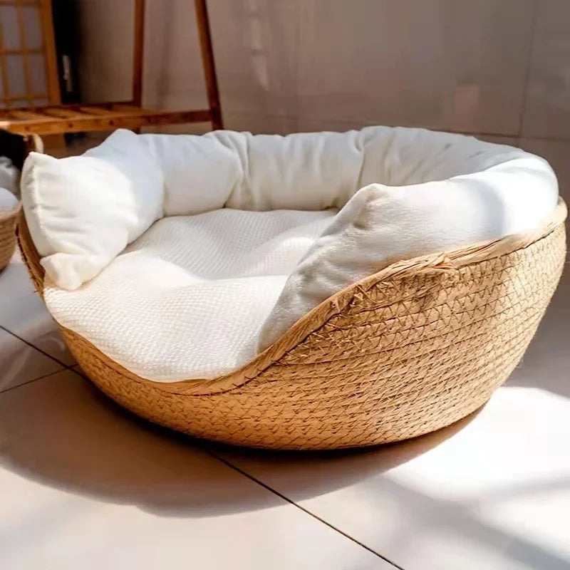 Four Season Cozy Nest Basket, Bamboo Weaving,  Waterproof , Removable Cushion Pet Bed
