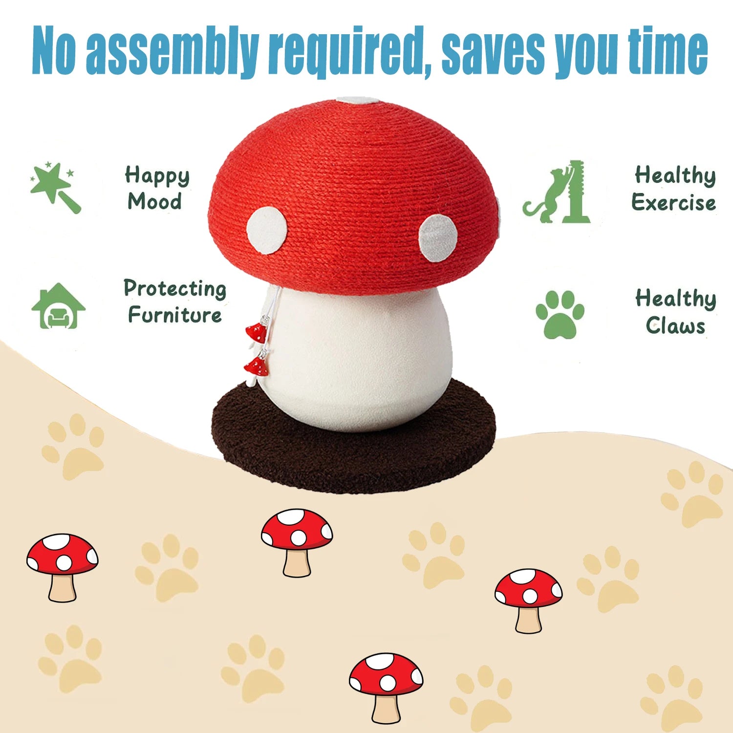 Red Mushroom-Shaped Sisal Cat Scratching Post , Durable and Non-Falling ,  Great for Paw Care and Furniture Protection |   Easy to Assemble |   Great for Cats!