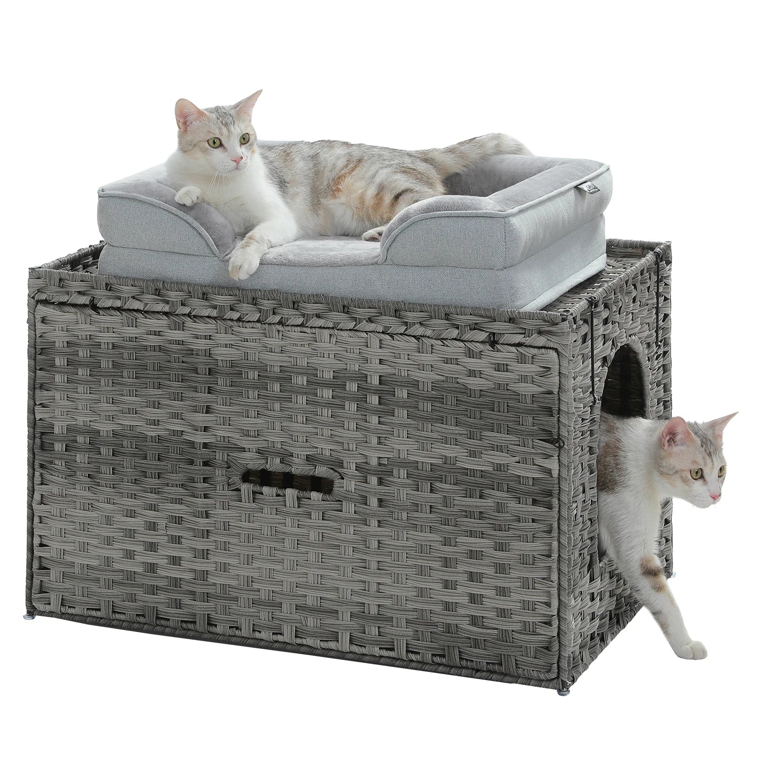 Rattan Cat Litter Box Enclosure Furniture with Door, Handwoven Rattan Hidden Litter Box ,Odor Control, Cat House Bed