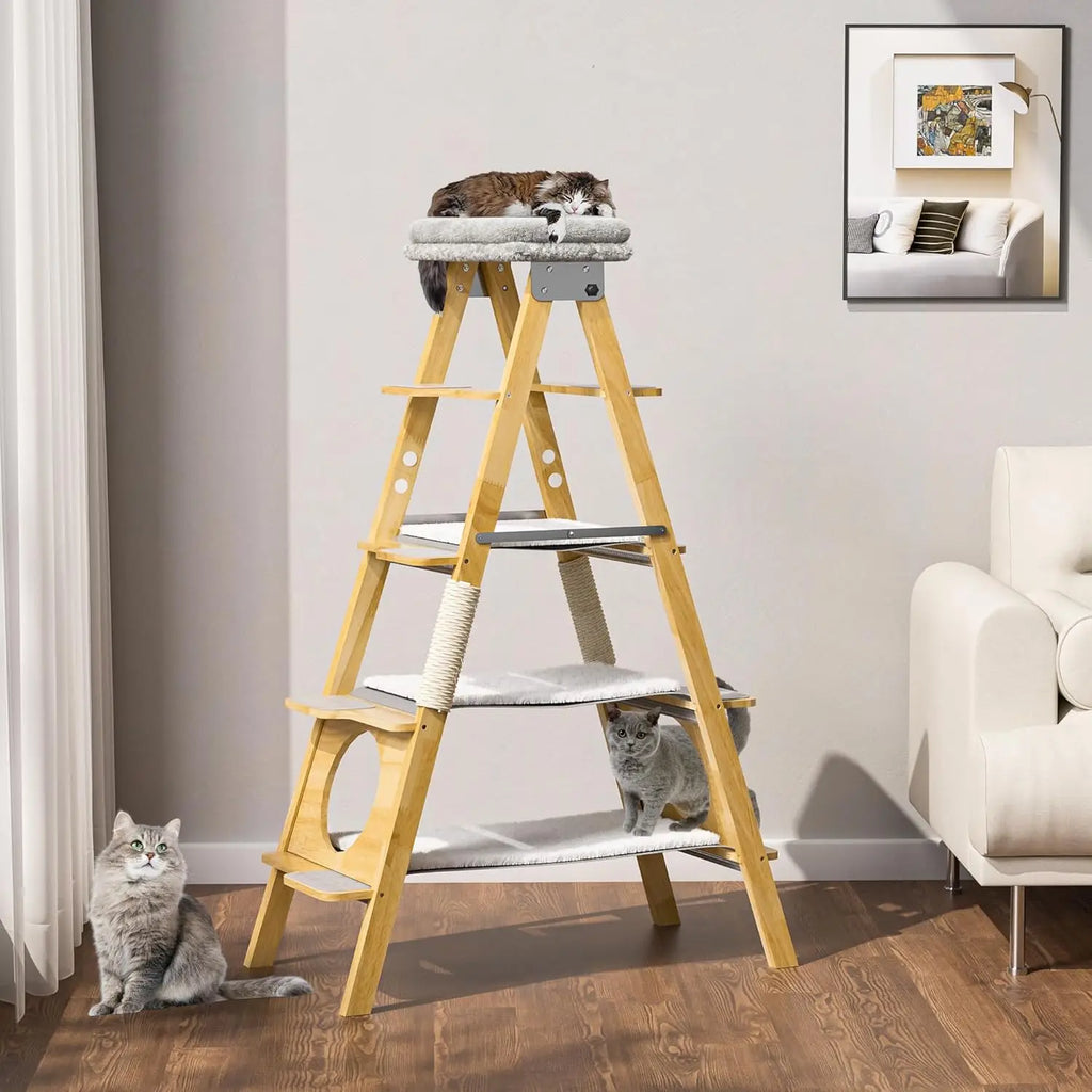 Modern Wood Cat Tree ,Foldable Ladder Design with Hammock & Sisal Scratch Post, Solid Wood Tall Tower for Cat