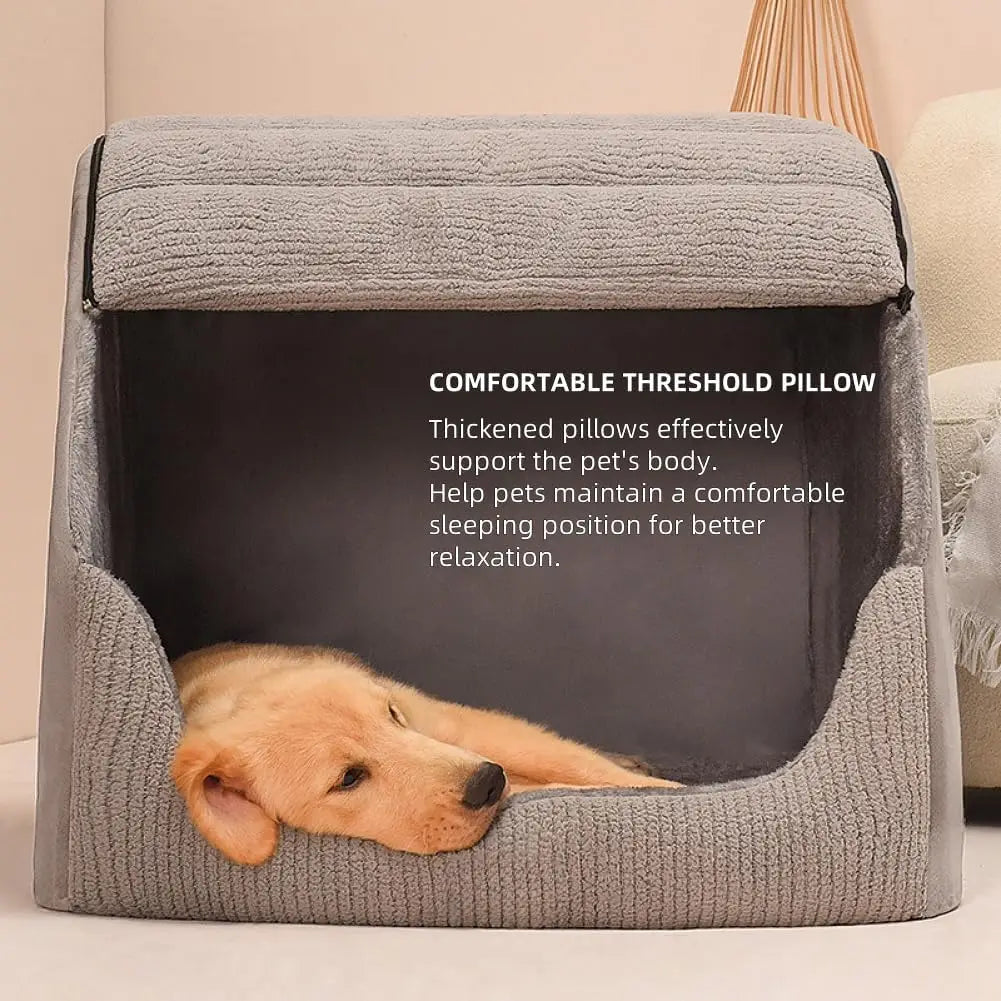 Extra Large Dog Bed House with 30D Memory Sponge, Cozy Indoor Plush Cave for All Dogs, Non-Slip Bottom (Grey, M)