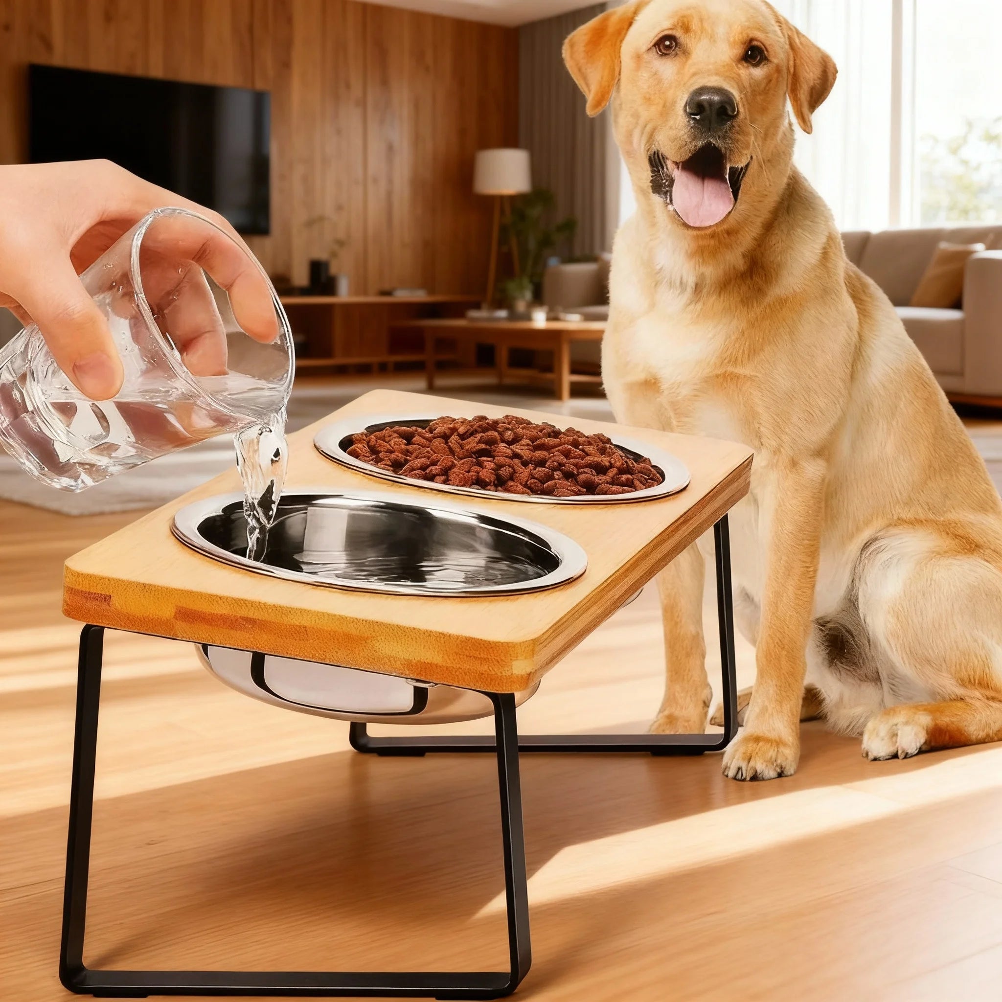 Elevated Food Bowl , Wooden 15° Tilted , Raised Stand with 2/3 Stainless Steel Bowls,  Neck Protection Dog Feeder