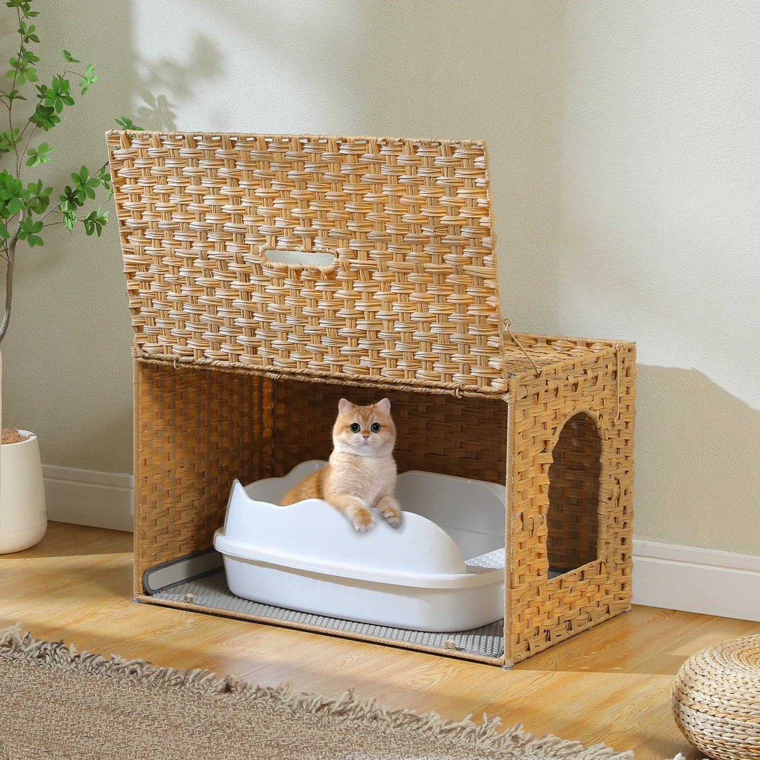 Rattan Cat Litter Box Enclosure Furniture with Door, Handwoven Rattan Hidden Litter Box ,Odor Control, Cat House Bed