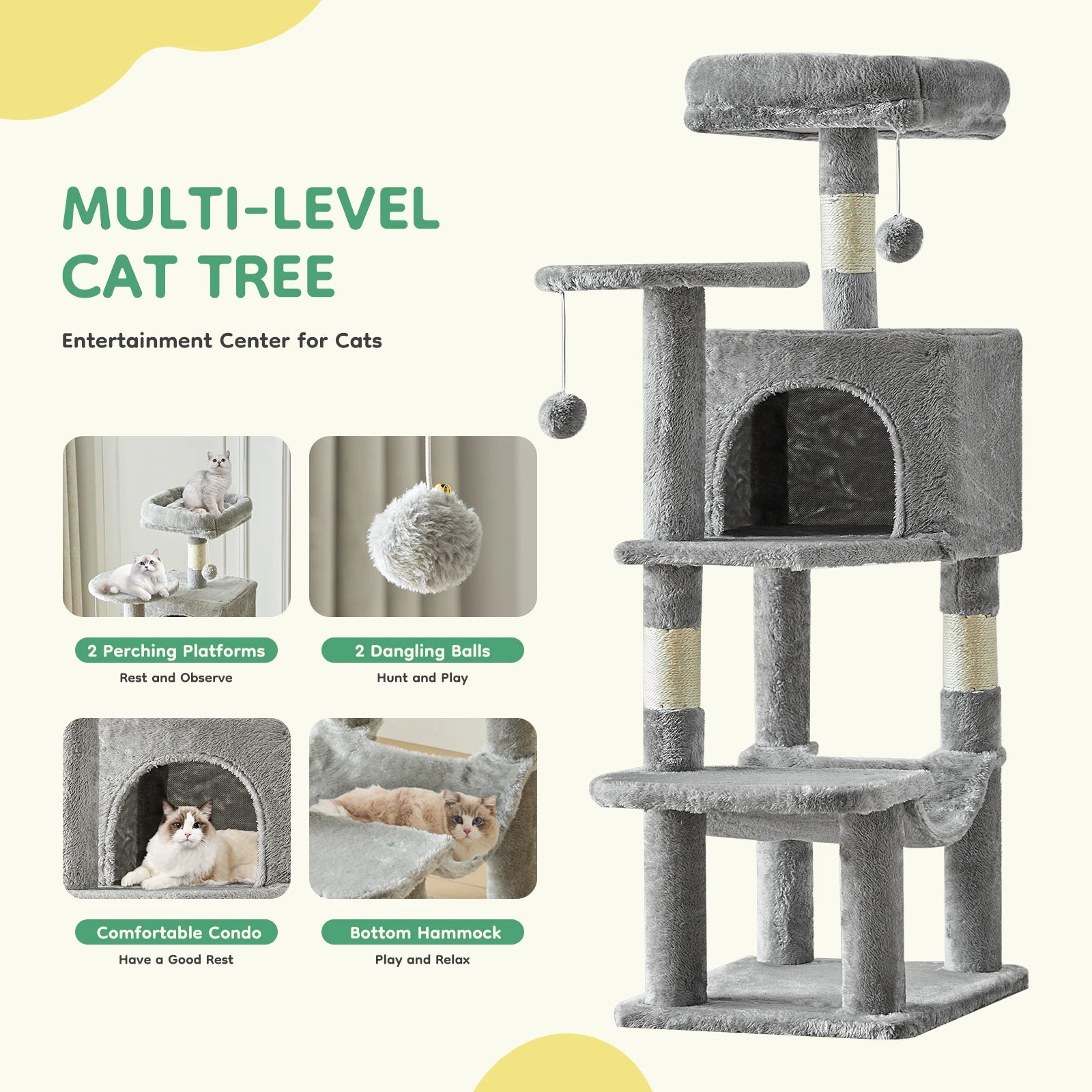 JHK 44In Cat Tree Tall Multi-Cat Climbing Tower ,Scratching Posts ,Stable Pet House for Indoor Cat
