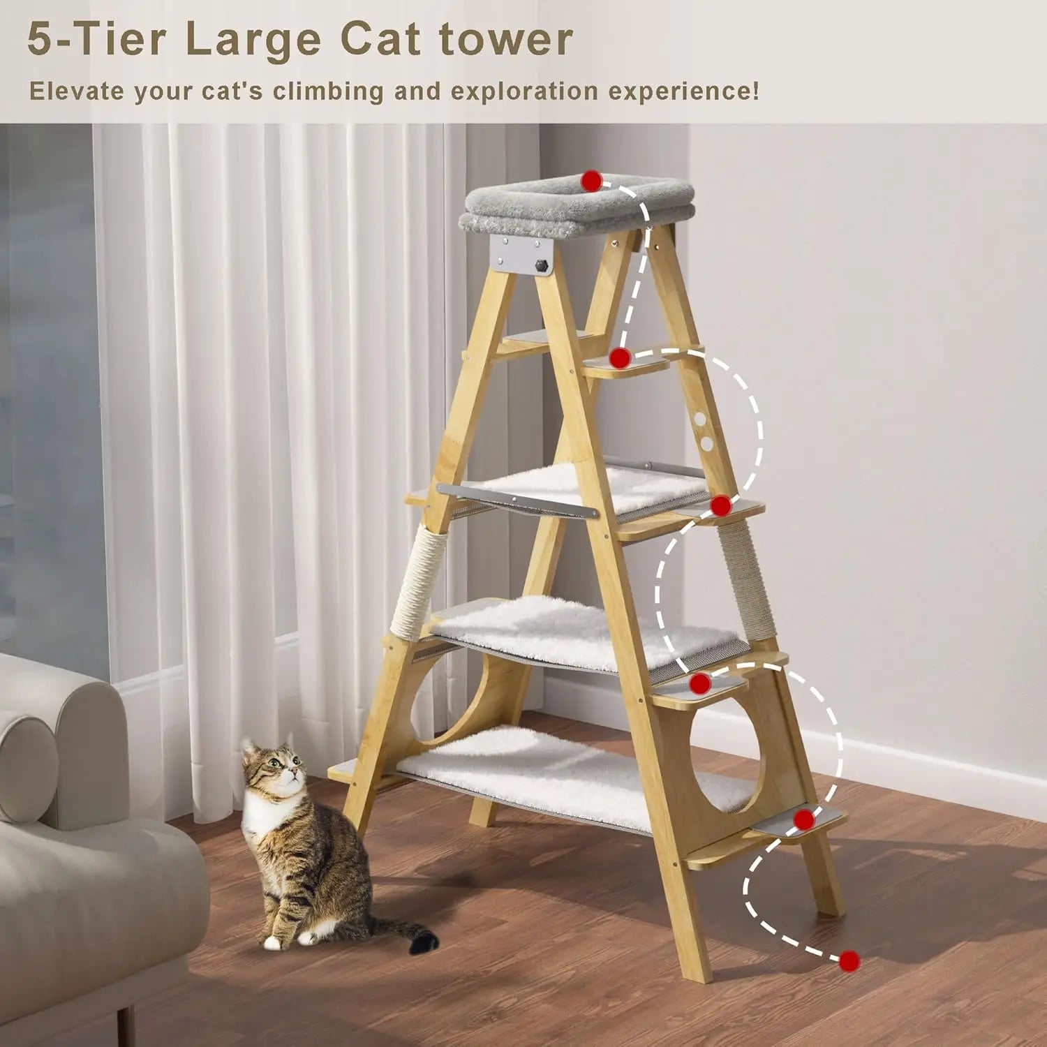 Modern Wood Cat Tree ,Foldable Ladder Design with Hammock & Sisal Scratch Post, Solid Wood Tall Tower for Cat