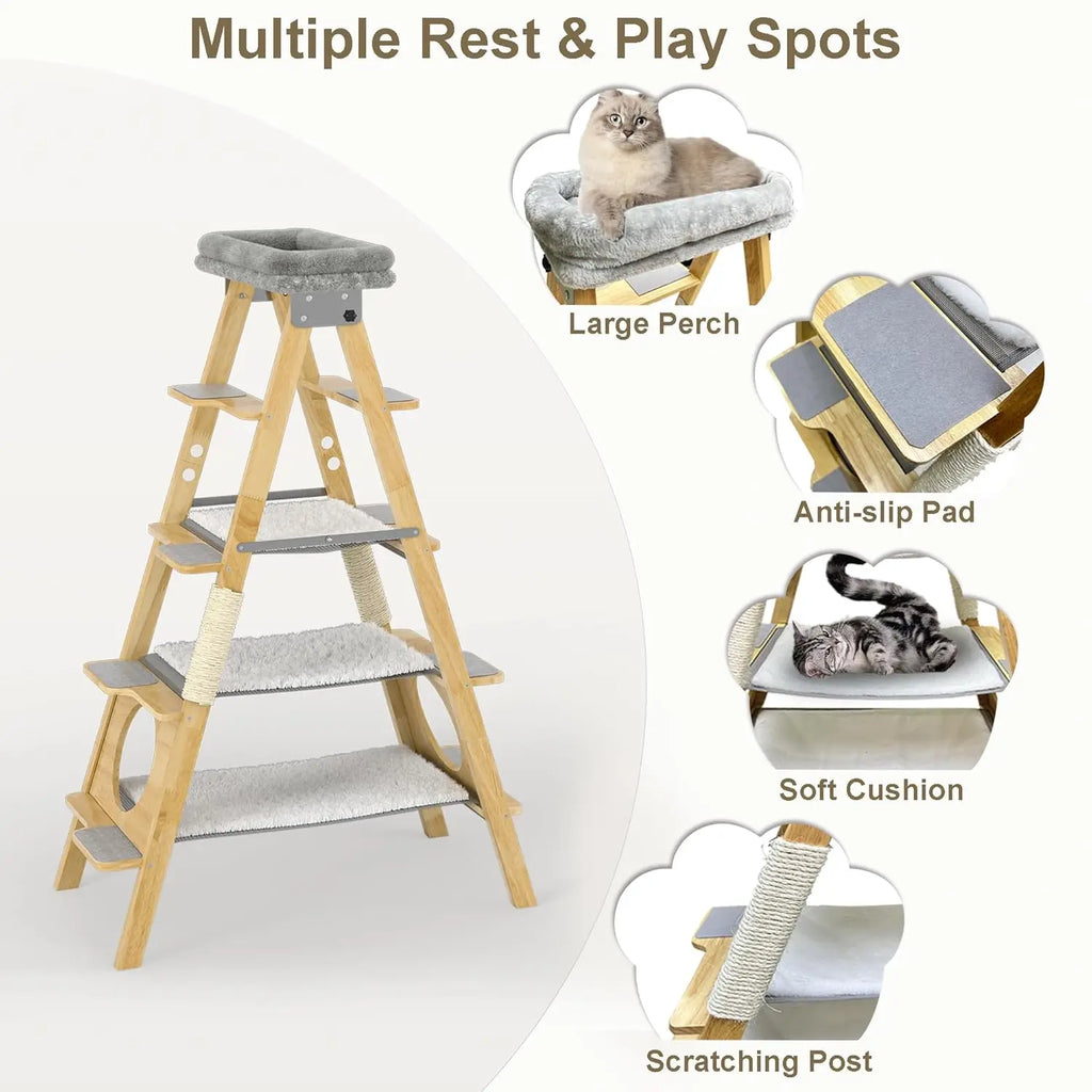 Modern Wood Cat Tree ,Foldable Ladder Design with Hammock & Sisal Scratch Post, Solid Wood Tall Tower for Cat