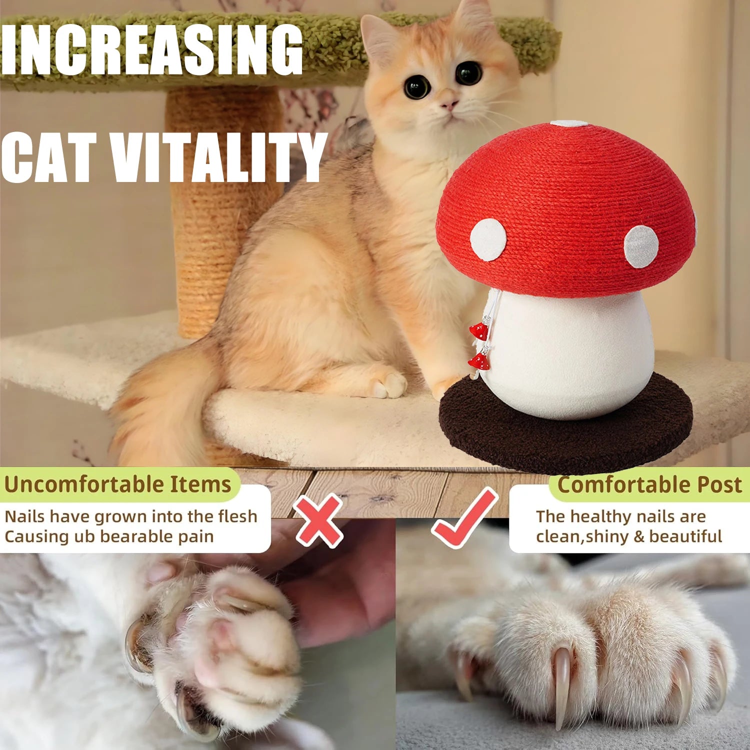 Red Mushroom-Shaped Sisal Cat Scratching Post , Durable and Non-Falling ,  Great for Paw Care and Furniture Protection |   Easy to Assemble |   Great for Cats!