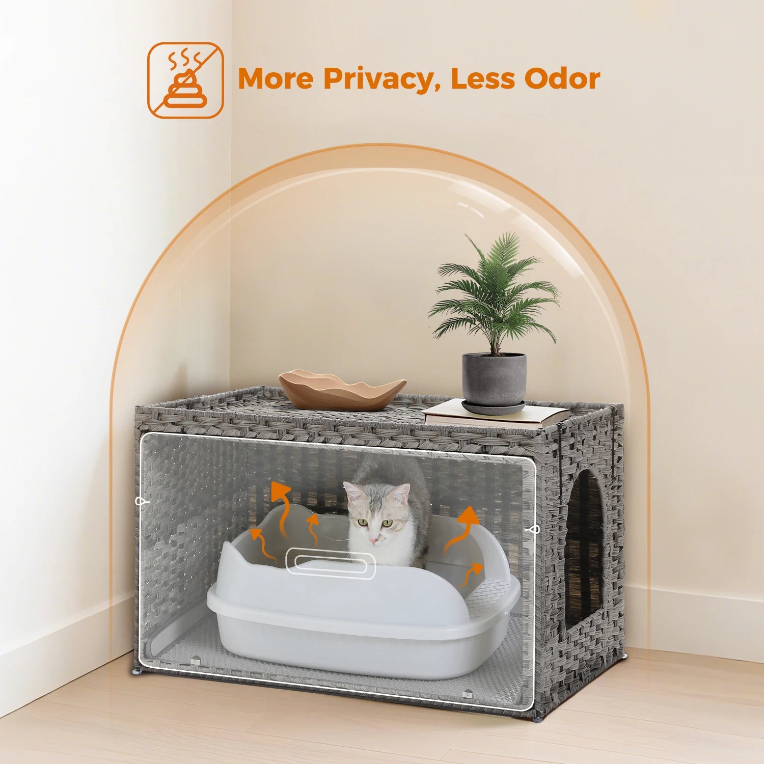 Rattan Cat Litter Box Enclosure Furniture with Door, Handwoven Rattan Hidden Litter Box ,Odor Control, Cat House Bed