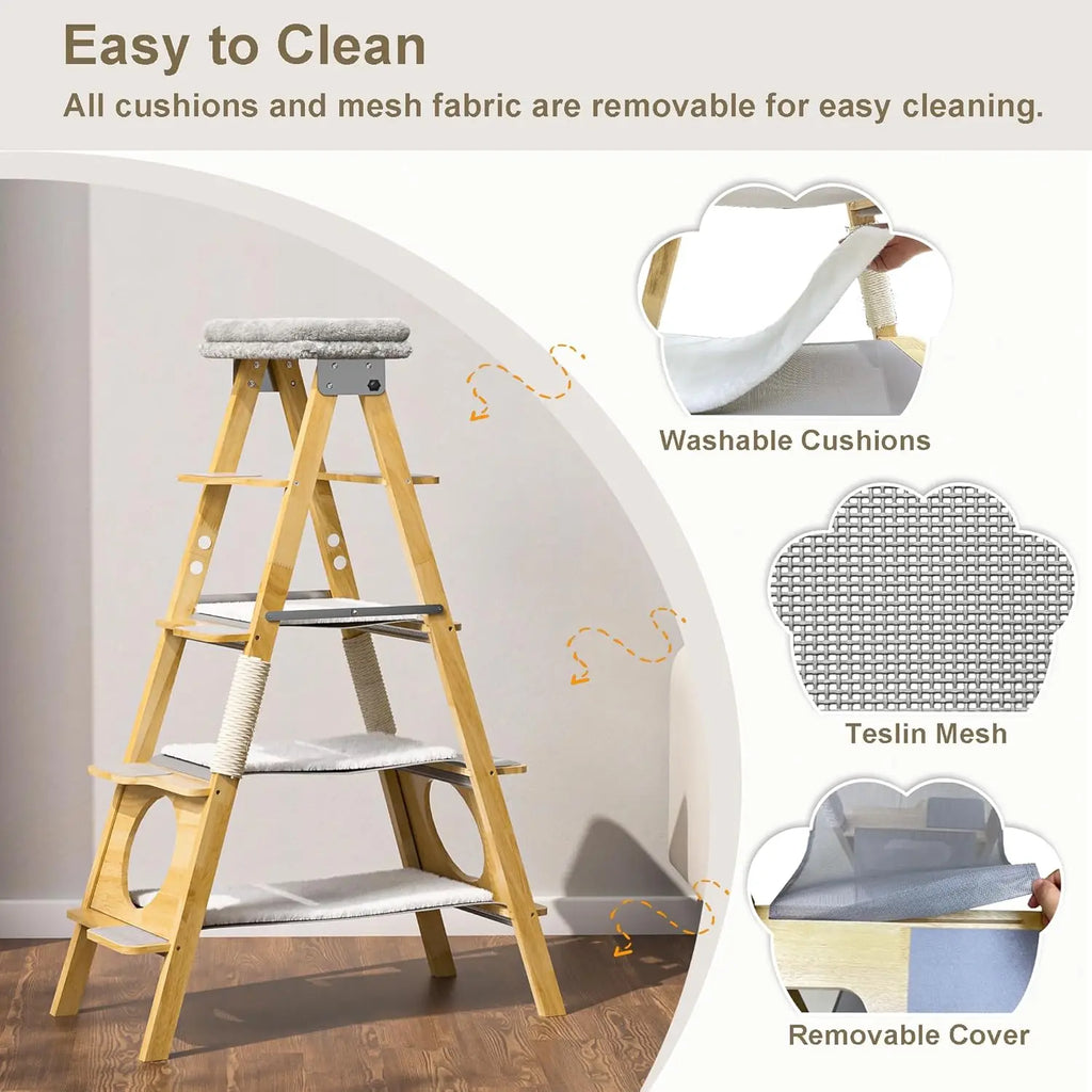 Modern Wood Cat Tree ,Foldable Ladder Design with Hammock & Sisal Scratch Post, Solid Wood Tall Tower for Cat