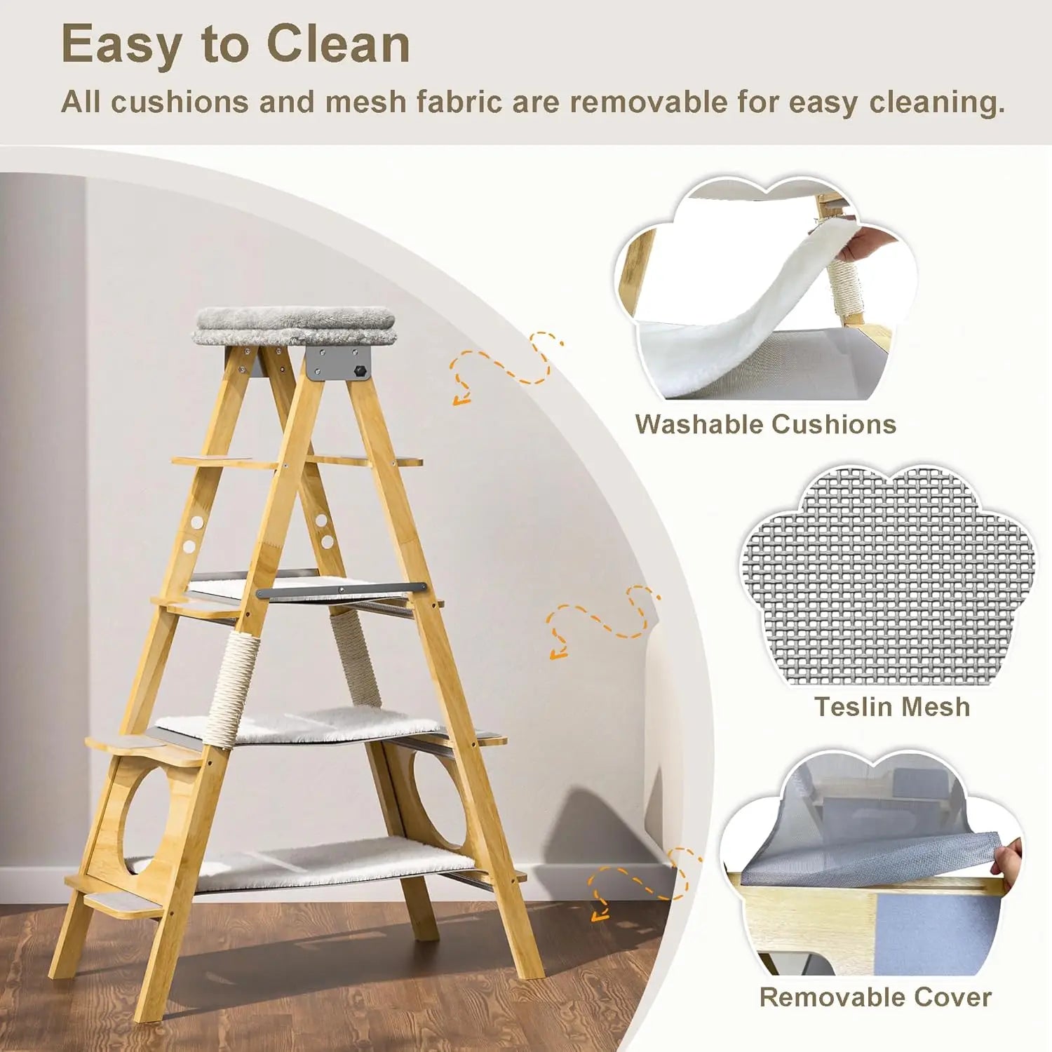 Modern Wood Cat Tree ,Foldable Ladder Design with Hammock & Sisal Scratch Post, Solid Wood Tall Tower for Cat