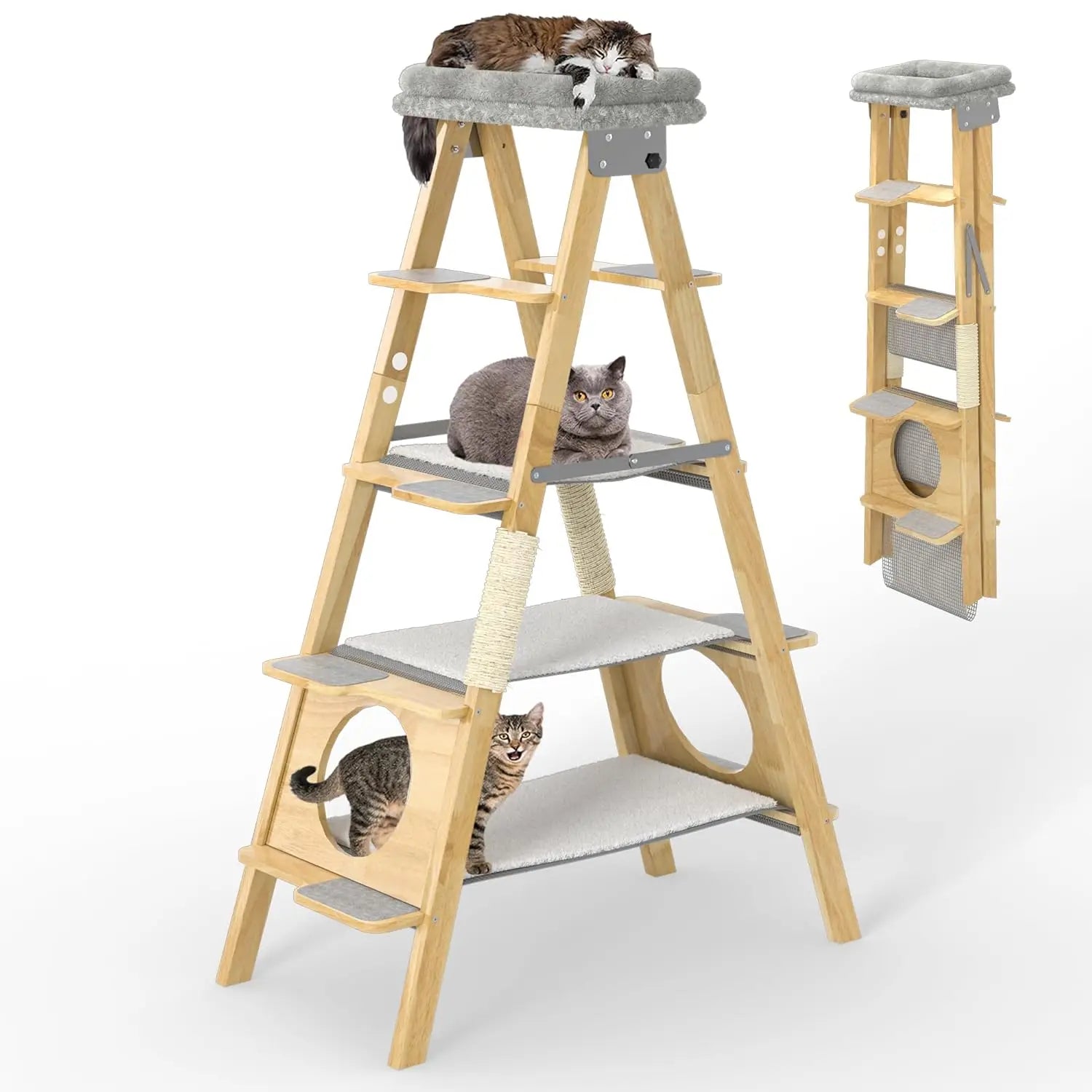 Modern Wood Cat Tree ,Foldable Ladder Design with Hammock & Sisal Scratch Post, Solid Wood Tall Tower for Cat