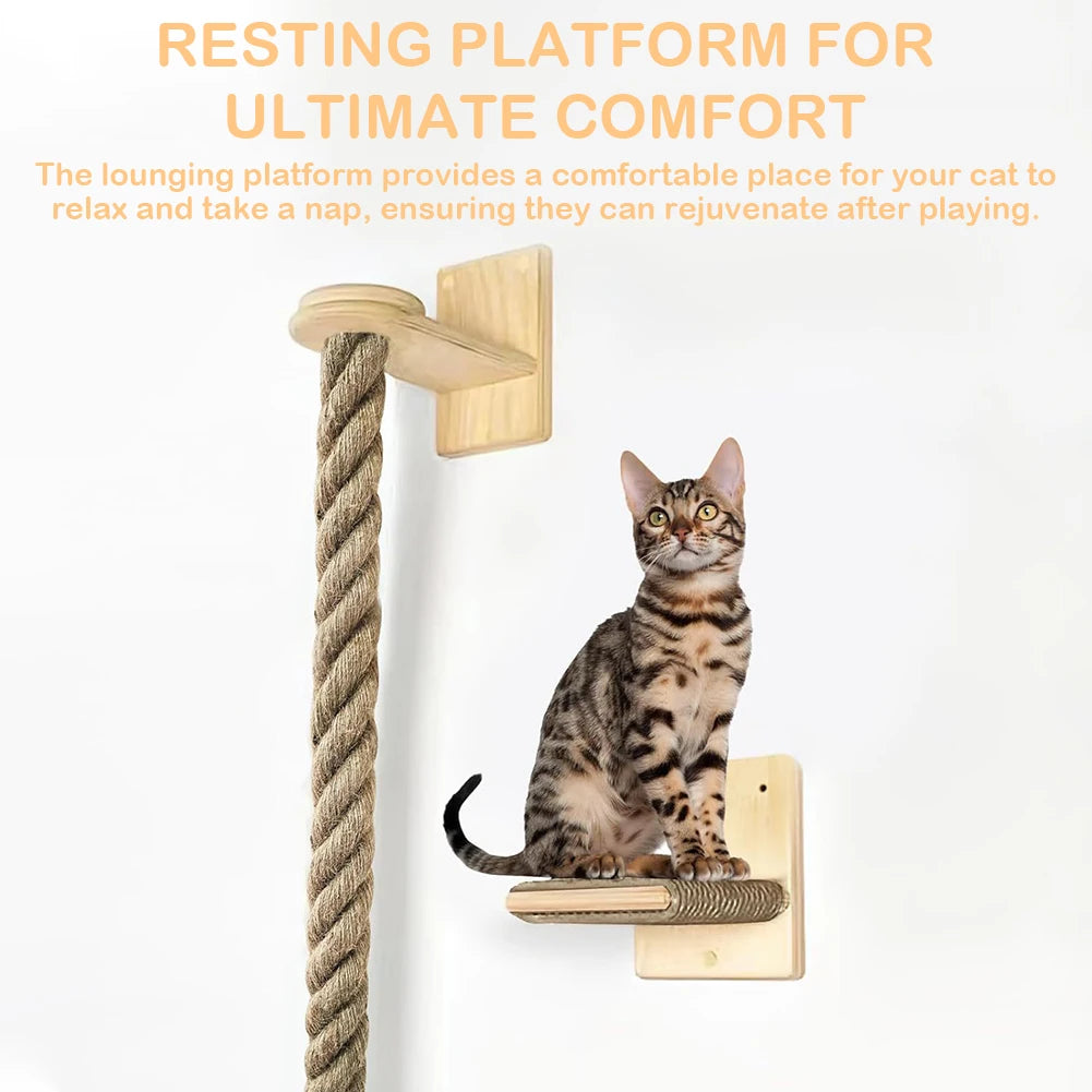 Cat Climbing Rope with Wood Platform, Thickened Sisal Rope, Reusable Wall Mounted Rope for Cat Play Equipment