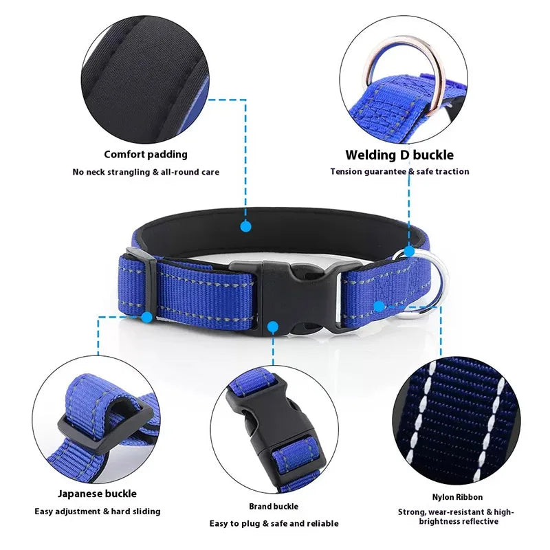 Reflective Dog Collar For Medium Large Dogs Soft Neoprene Padded Nylon Sturdy Adjustable