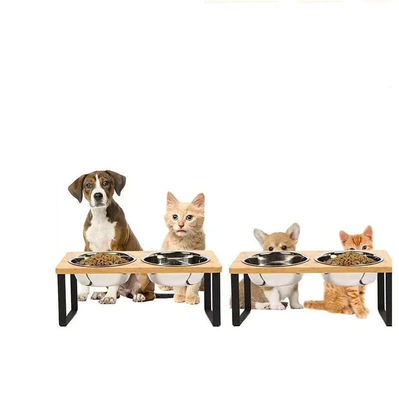 Elevated Food Bowl , Wooden 15° Tilted , Raised Stand with 2/3 Stainless Steel Bowls,  Neck Protection Dog Feeder