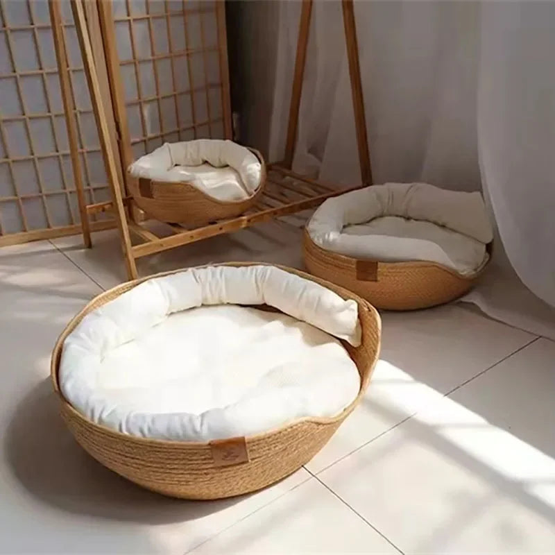 Four Season Cozy Nest Basket, Bamboo Weaving,  Waterproof , Removable Cushion Pet Bed