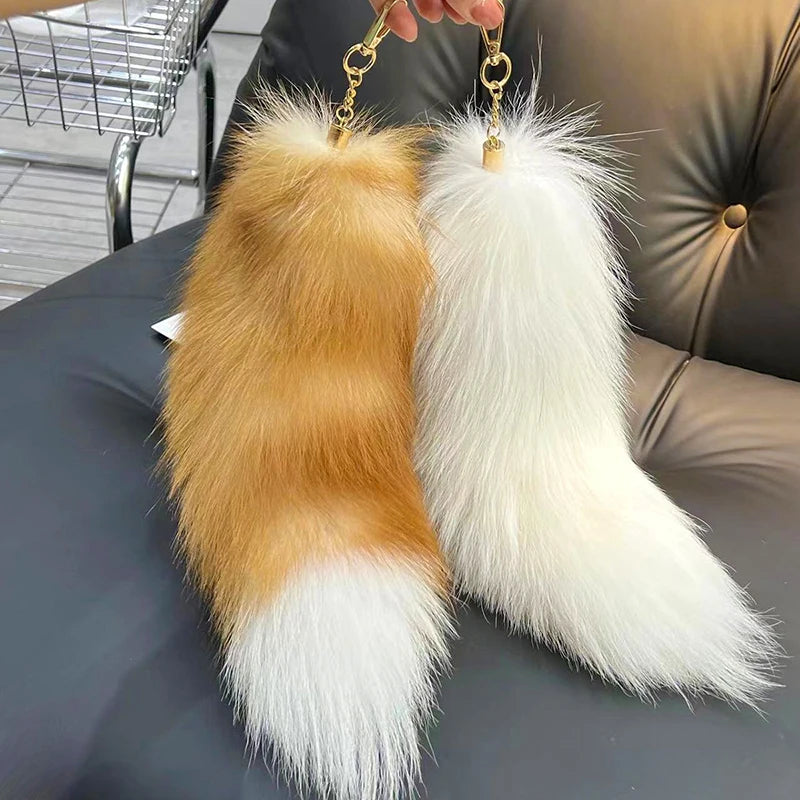 2026  Real Fox Fur Tail Large ,Long Natural Fur tail Keychain Pendant ,Cosplay tail Cute Wolf Fox Tail Fur Car Keychain