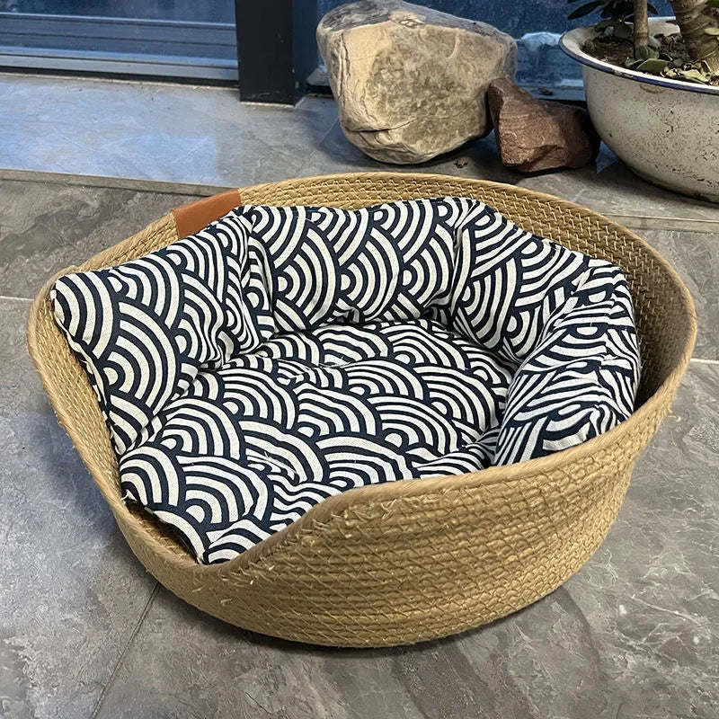 Four Season Cozy Nest Basket, Bamboo Weaving,  Waterproof , Removable Cushion Pet Bed
