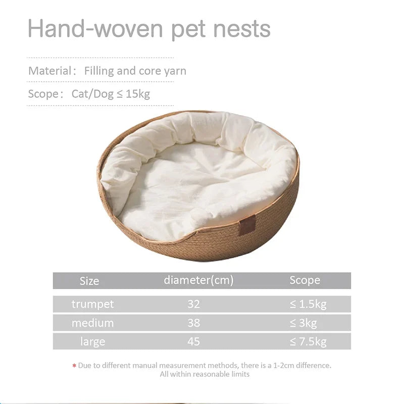 Four Season Cozy Nest Basket, Bamboo Weaving,  Waterproof , Removable Cushion Pet Bed