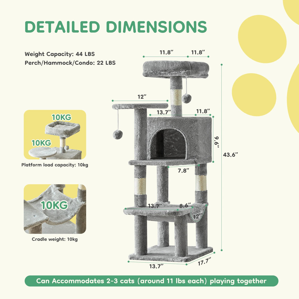 JHK 44In Cat Tree Tall Multi-Cat Climbing Tower ,Scratching Posts ,Stable Pet House for Indoor Cat