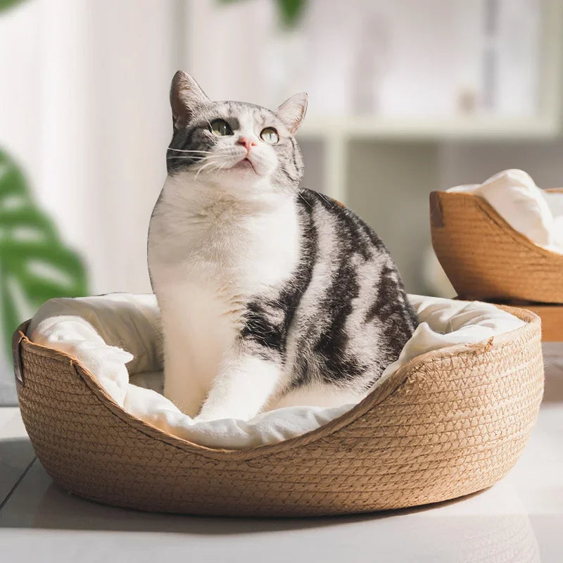 Four Season Cozy Nest Basket, Bamboo Weaving,  Waterproof , Removable Cushion Pet Bed