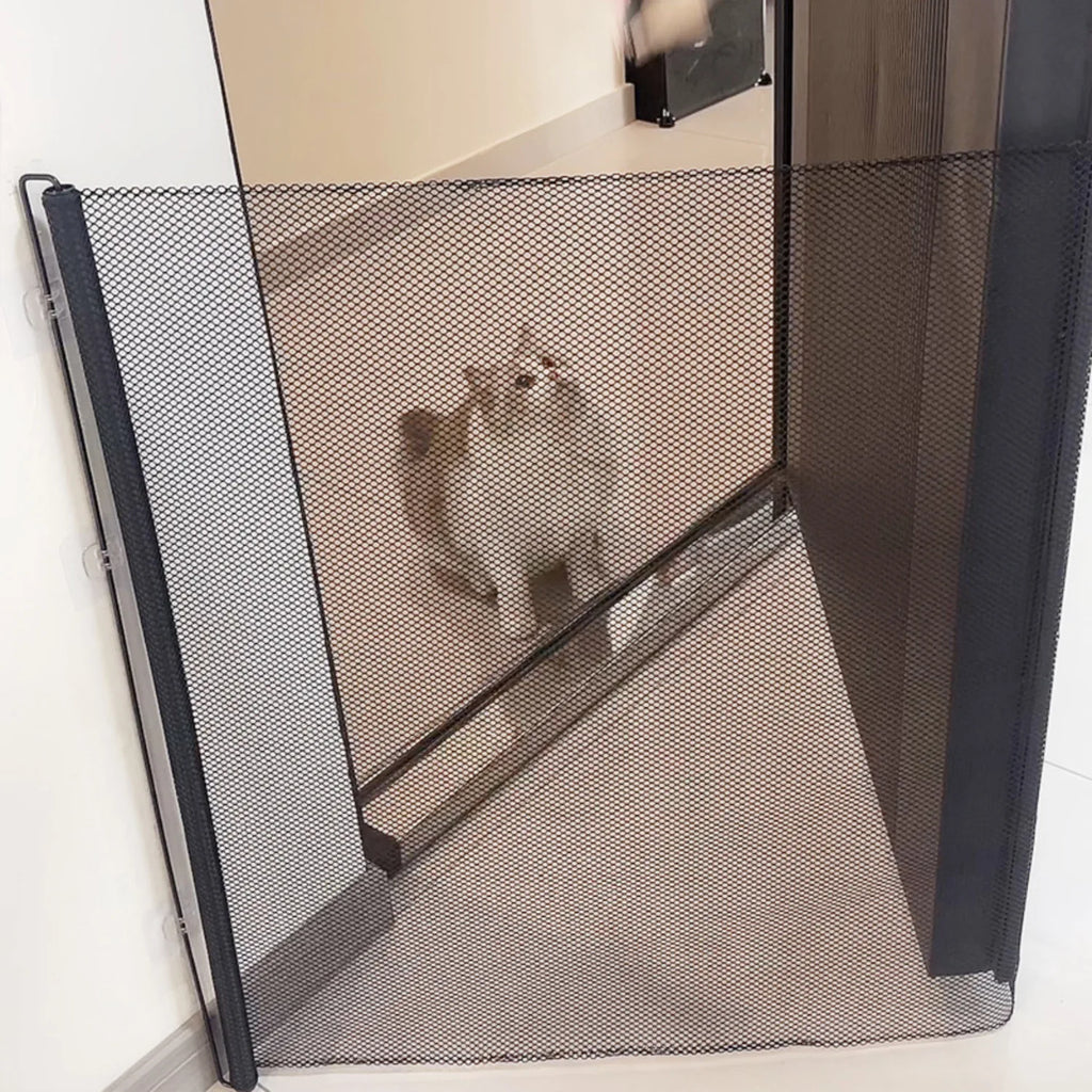 Retractable pet gate, mesh dog gate, cat enclosure for doorways, stairs, hallways, indoor/outdoor pet door stalls