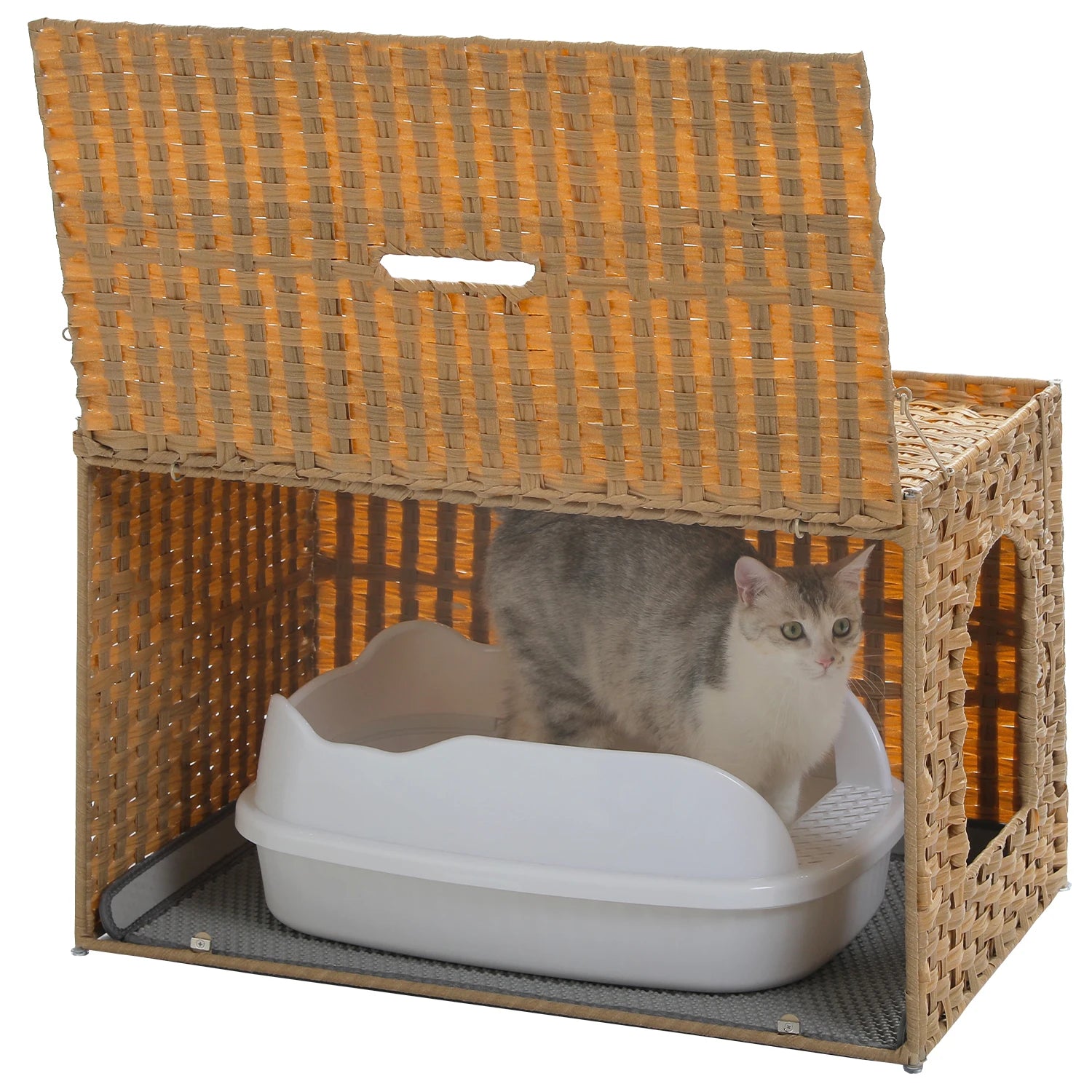 Rattan Cat Litter Box Enclosure Furniture with Door, Handwoven Rattan Hidden Litter Box ,Odor Control, Cat House Bed